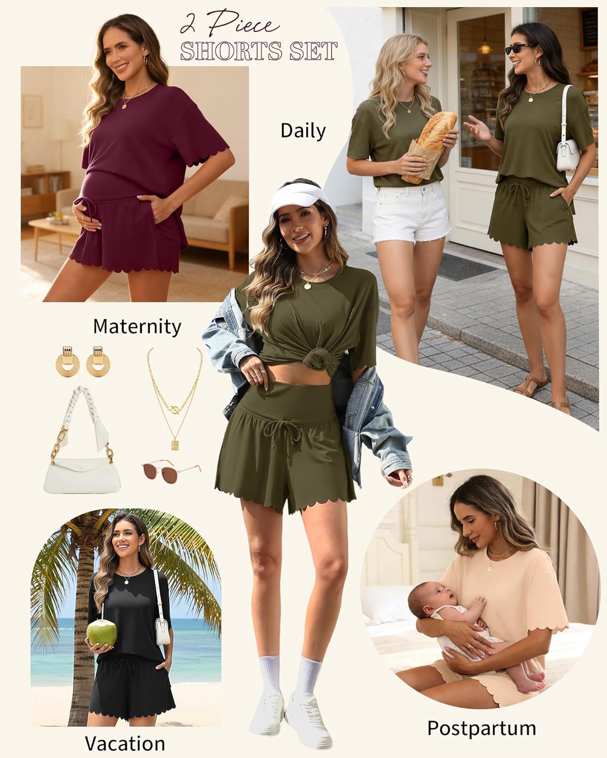 Charmo Two Piece Sets Women Scalloped Maternity Set Vacation Outfits 2026 Side Split Shirt Drawstring Over Belly Short Pocket - Image 6