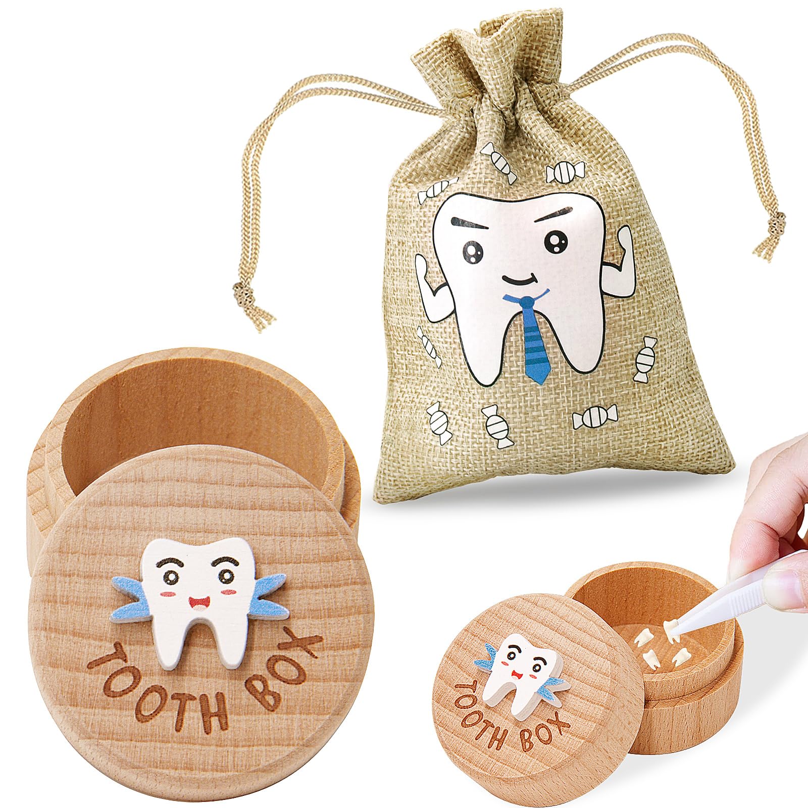 STSAIL Tooth Fairy Box 3D Carved Tooth Fairy Tooth Holder, Baby Tooth Box for Lost Tooth Wooden Tooth Keepsake Box, Tooth Holder for Kids Teeth With Tooth Fairy Bag Storage Toddler Tooth Box Gift