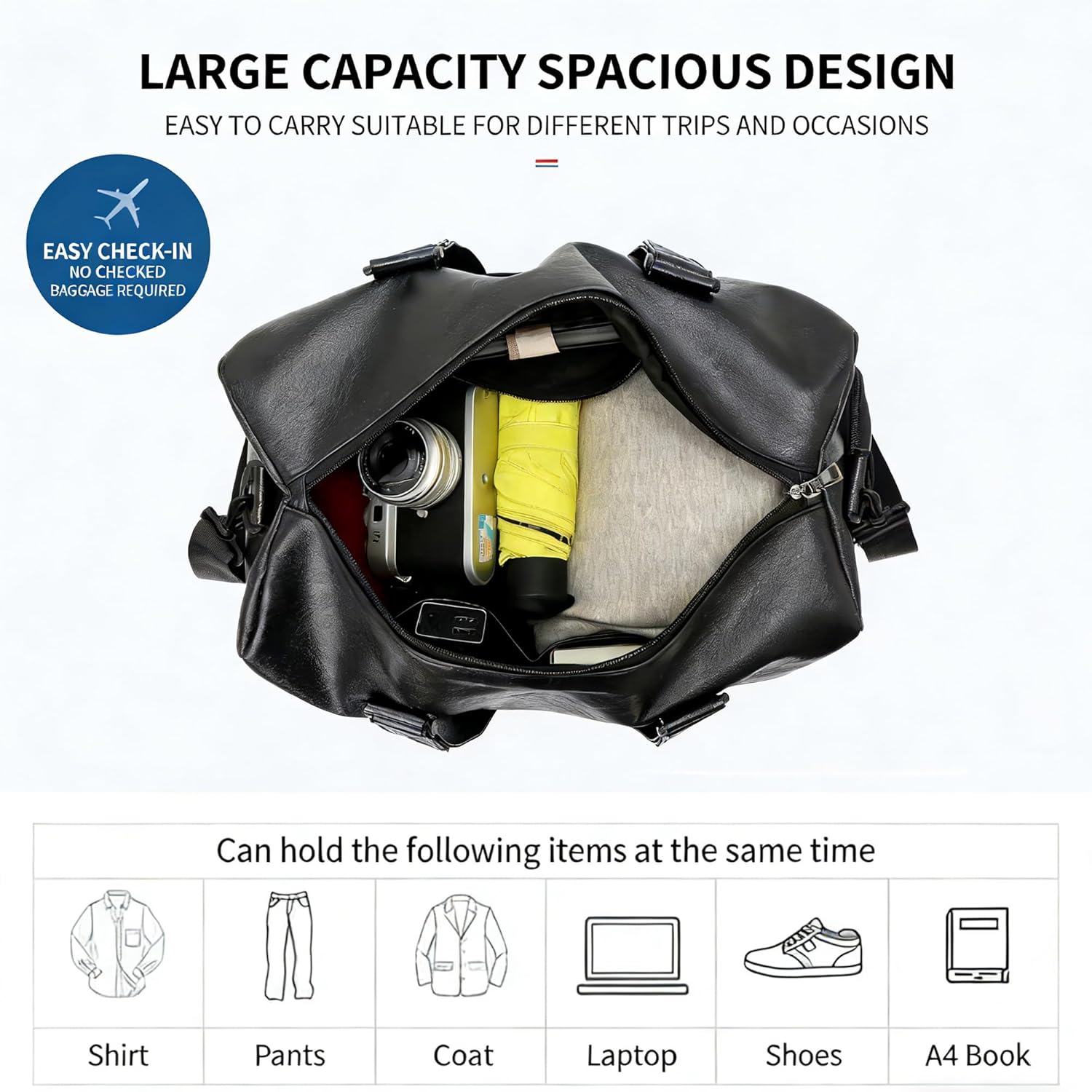 Faux Leather Travel Bag with Shoe Pouch, Black, 20L Capacity, Unisex Weekender Overnight Duffel, Waterproof, Carry On Gym Tote Bag with Toiletry Packing Cube