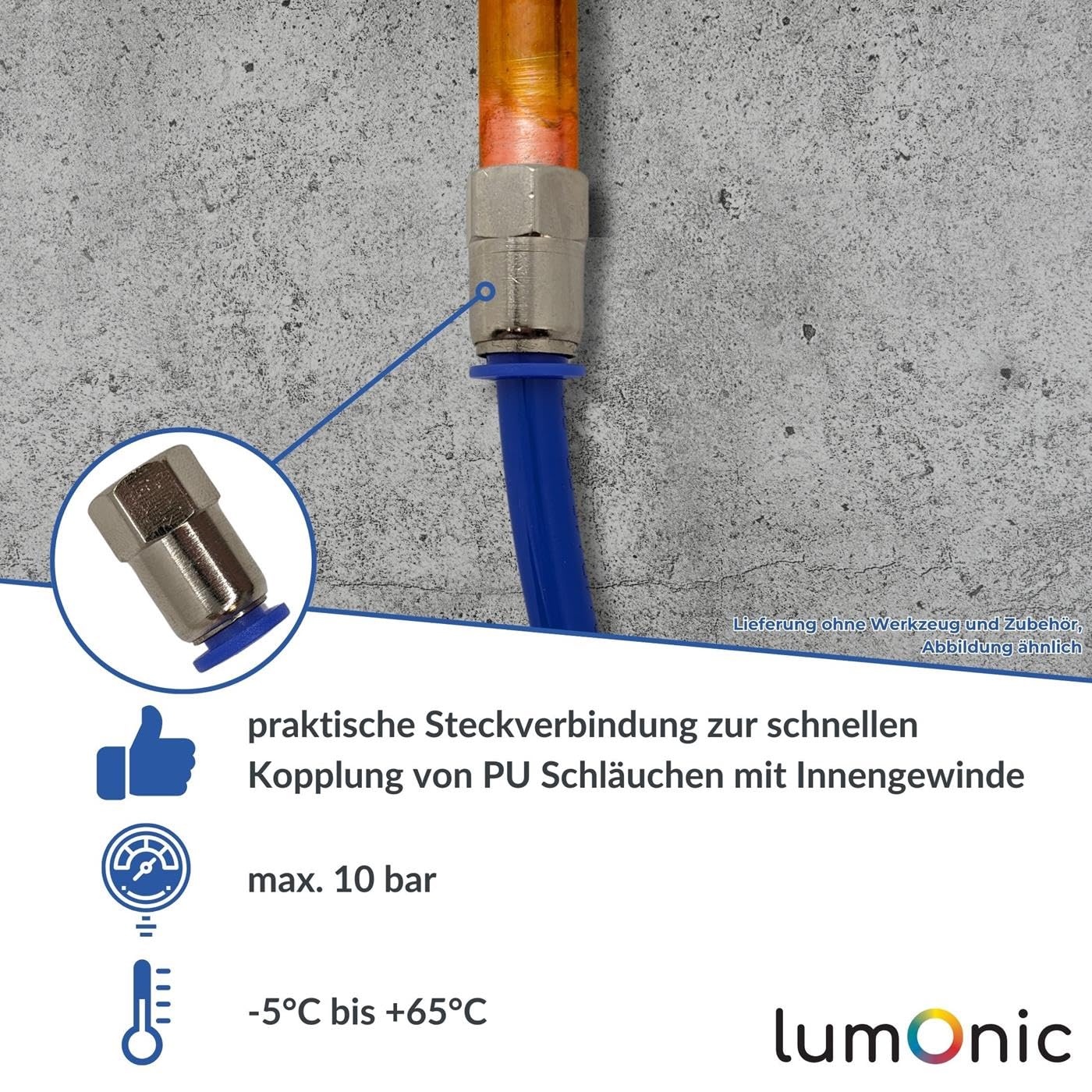 Lumonic 20x I Racor de conexión de manguera de PU con rosca hembra I 10mm*1/2inch I recto I Cierre rápido I Conector neumático I Conector de manguera I Aire comprimido
