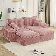80" Double Chaise Lounge Chair Indoor,Modern Boneless Sleeper Loveseat with Ottoman,Deep Seat Sofa Bed with Pillows,Comfy Corduroy Sectional Cloud Couches for Living Room Pink, 80"