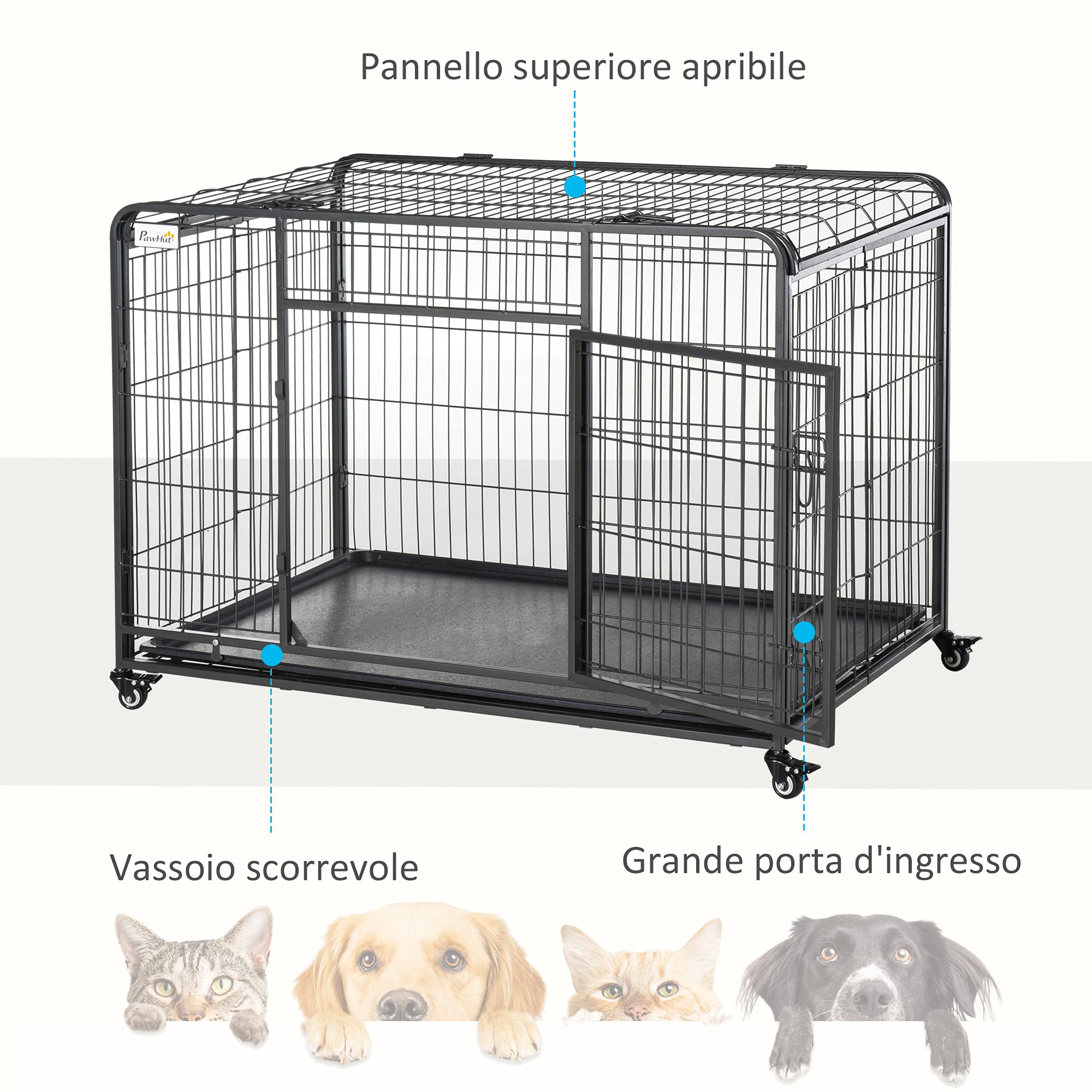 PawHut Kennel Cage pour Chien Pliable avec Frein et Fond Amovible - Gris