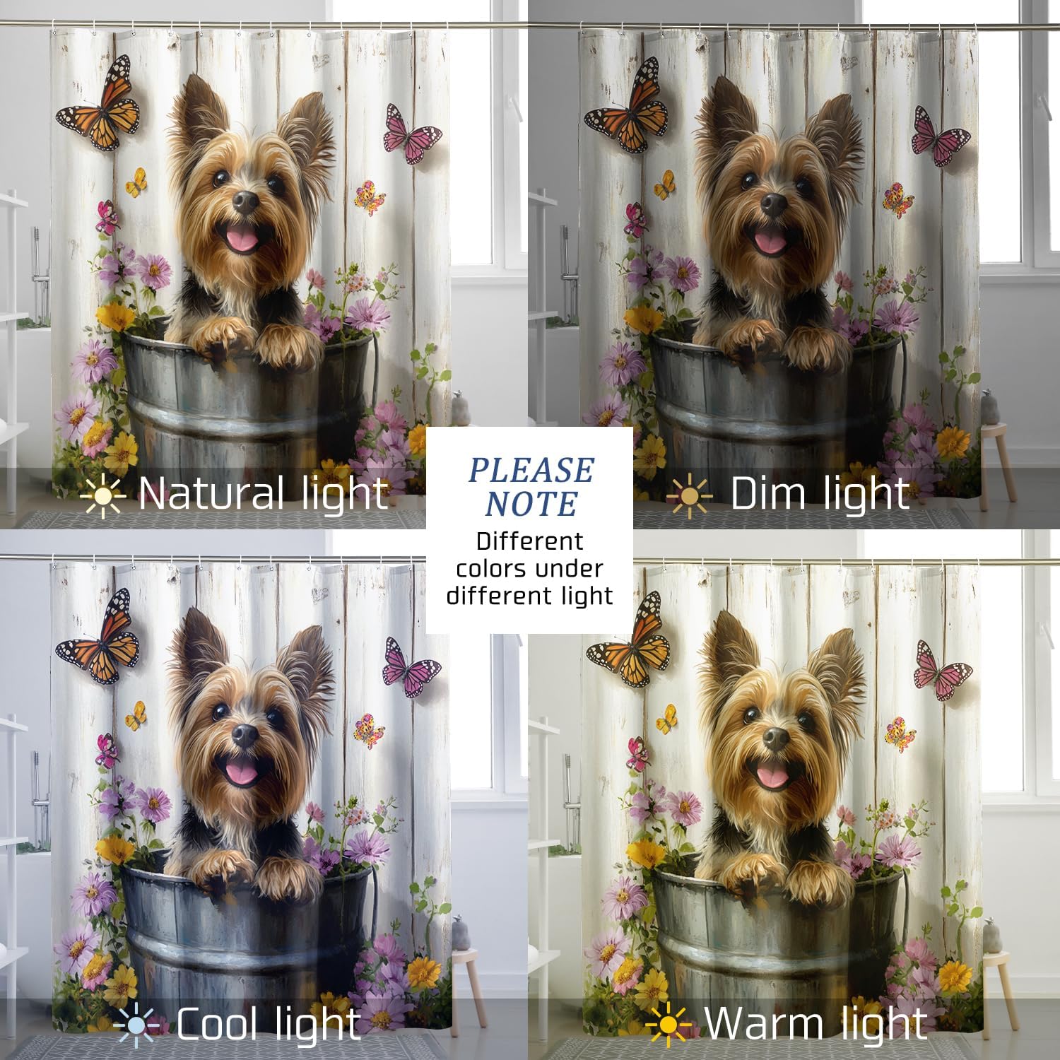 Spring Cute Yorkie Dog Shower Curtain, Rustic Flower Wood Shower Curtains for Bathroom, Pet Puppy Bath Pattern Decor Accessories Set -72"x78"