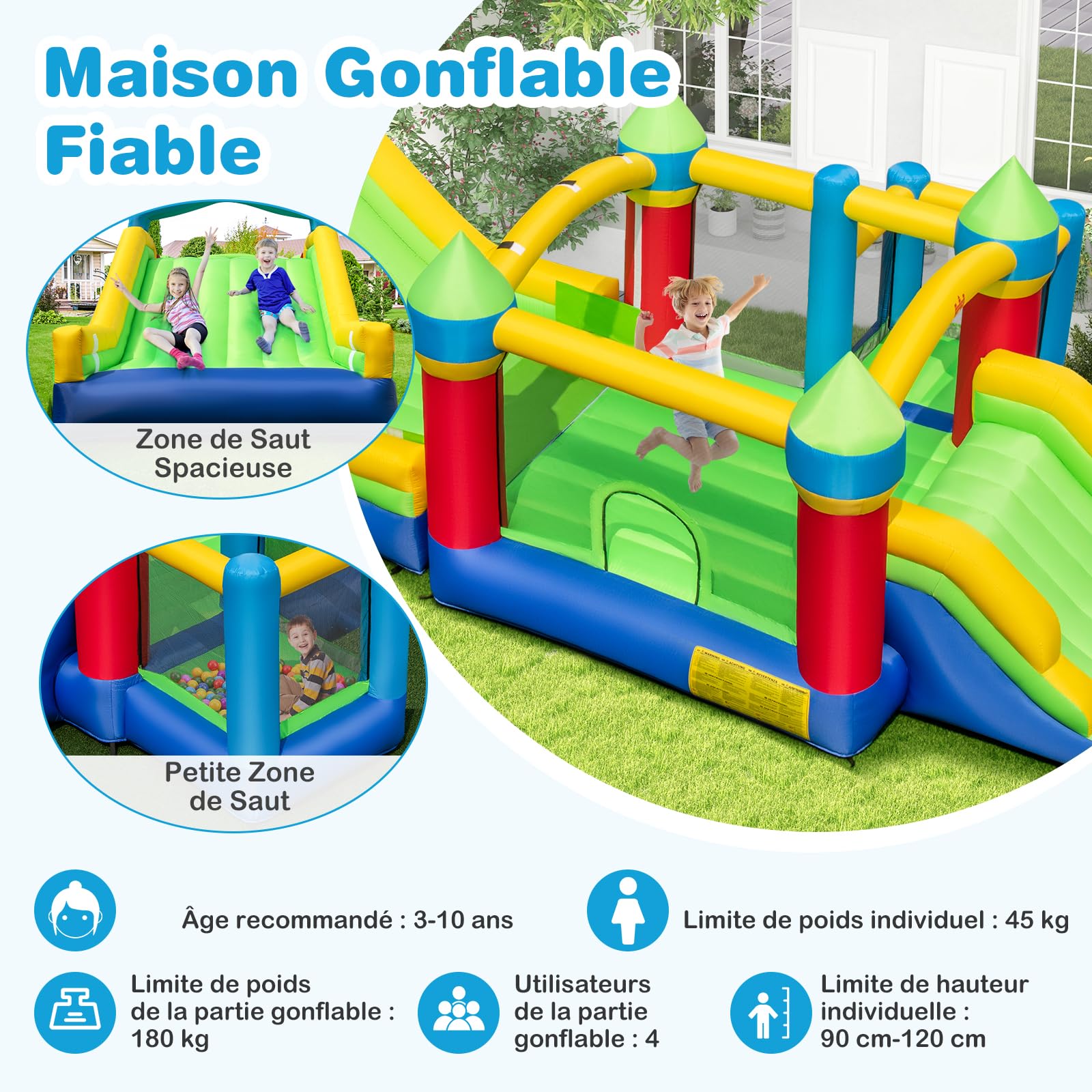 Structure Gonflable avec Toboggan Géant et Maison de Saut,Tunnels, Poteaux d'Obstacles, Mur d'Escalade et Balles Océaniques (Souffleur Non Inclus) | Leroy Merlin