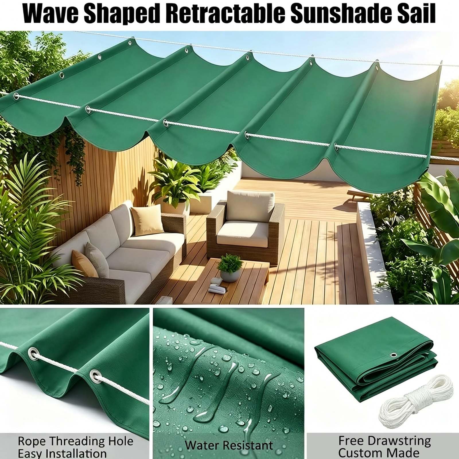 Tenda Parasole a Onda Retrattile 300 x 600 cm Protezione Dai Raggi Uv, con Occhielli e Corda di Fissaggio Tenda da Sole per Esterno Vela Parasole per Terrazze, Pergolato, Verde Scuro