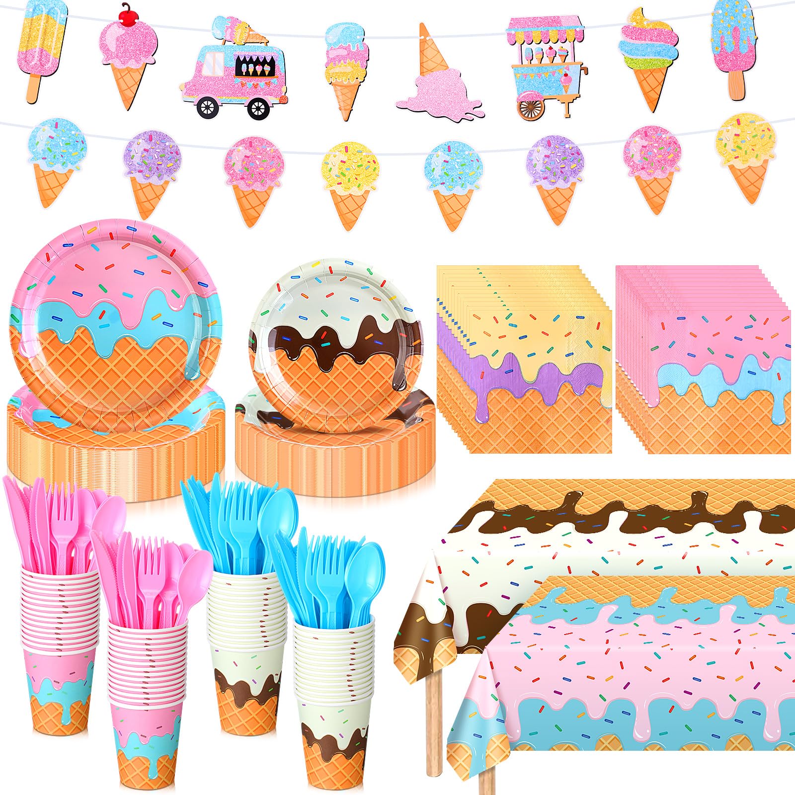 Domensi 214 Pcs Ice Cream Party Supplies for 30 Guests Includes Ice Cream Banner, Plates, Napkins, Cups, Tablecloths, Knives, Forks, Spoons for
