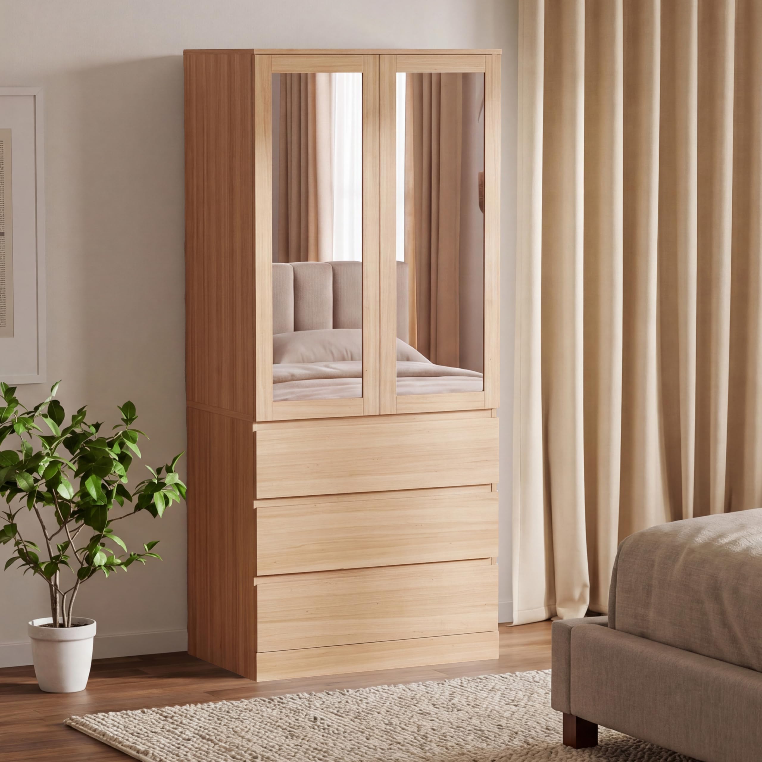 Vida Designs Denver 2 Door 3 Drawer Mirrored Wardrobe, Pine — image 1