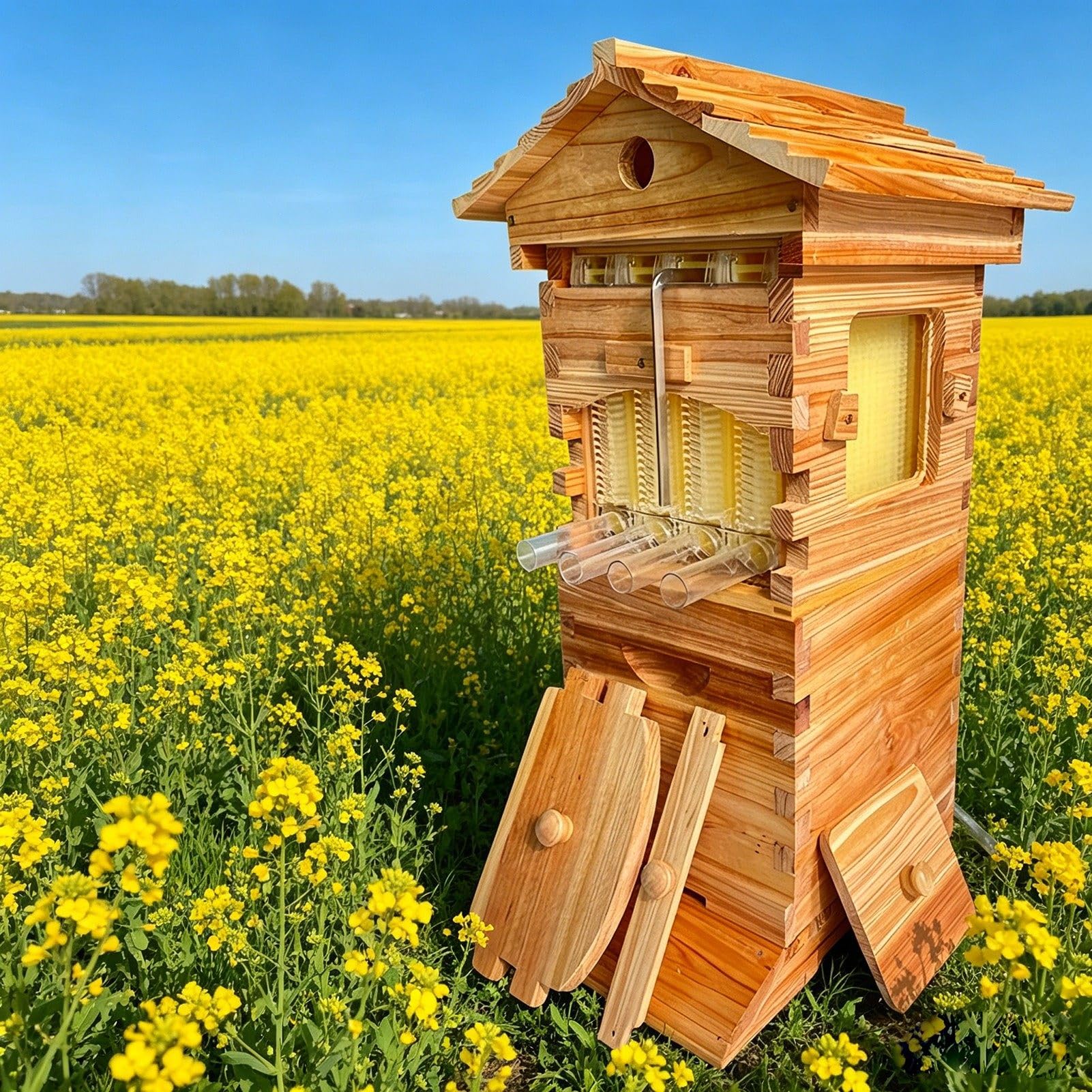 ExoticaBlend Beginner's Complete Bee Hive Kit, Wooden Beehive Box with Observation Window & Honey Tap, Includes Carpenter Bee House for Pollinator-Friendly Gardens