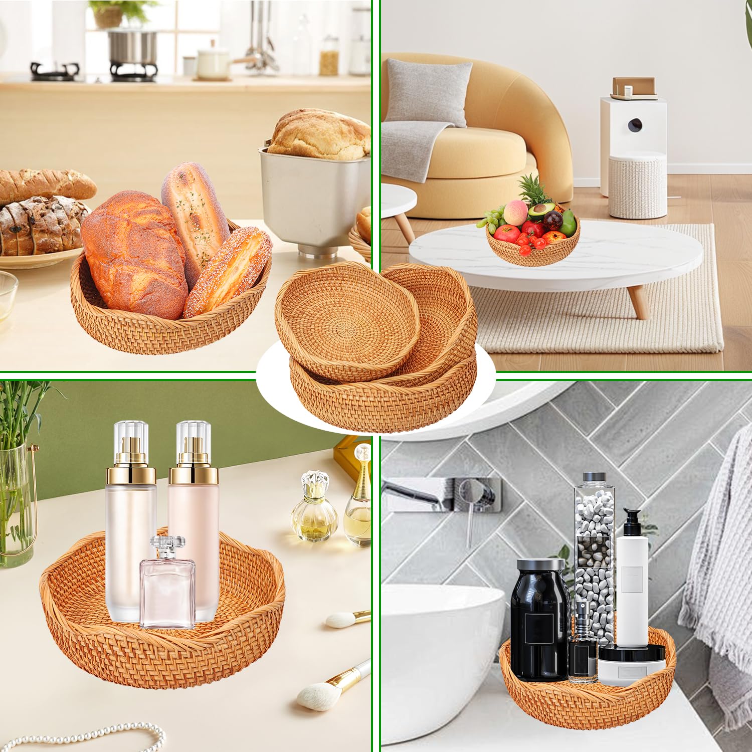 3 cestas de pan de ratán, 3 tamaños, auténticas cestas tejidas decorativas hechas a mano para cocina, cestas redondas de frutas, elegantes cuencos tejidos para servir mesa, decoración de