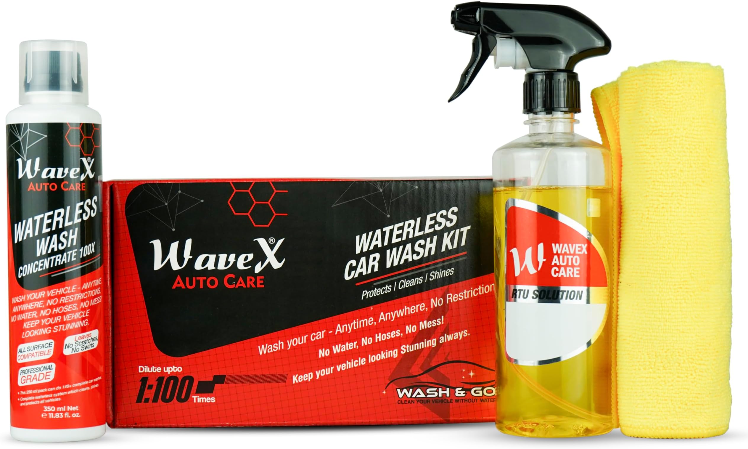 Wavex Waterless Car Wash Kit Car Cleaning Spray 100x Concentrate | 100 TIMES DILUTABLE with Empty Spray Bottle Microfiber Cleaning Cloth | Car Washing Without Water