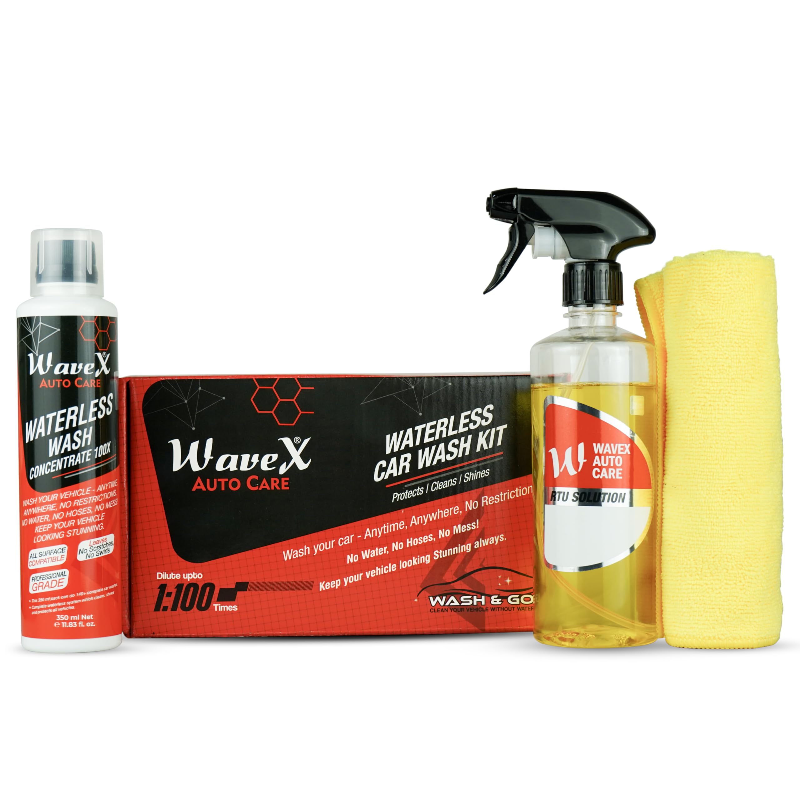 Wavex Waterless Car Wash Kit Car Cleaning Spray 100x Concentrate | 100 TIMES DILUTABLE with Empty Spray Bottle Microfiber Cleaning Cloth | Car Washing Without Water