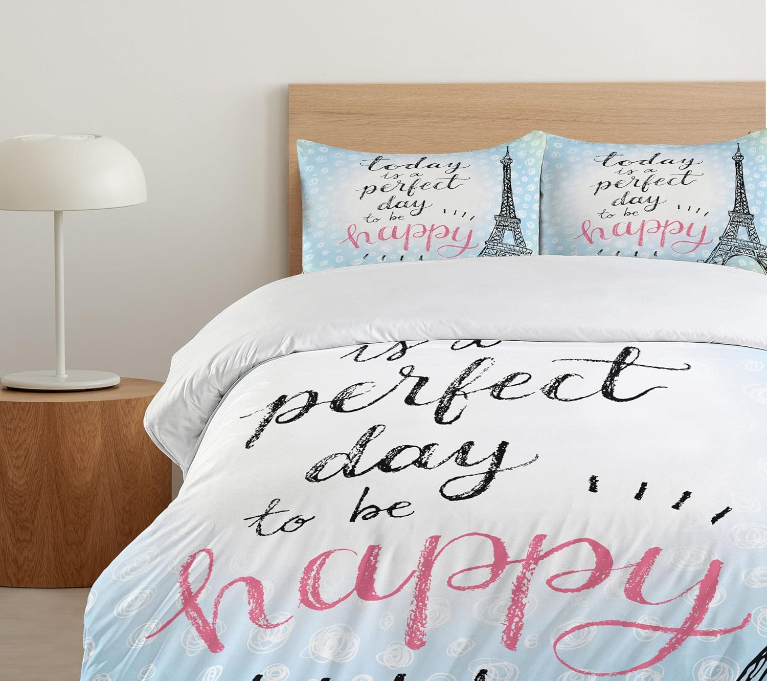 Ambesonne Eiffel Tower Duvet Cover Set, Perfect Day Eiffel Tower Polka Dot Handwriting Typography Sketch Paris Print, Decorative 2 Piece Bedding Set with 1 Pillow Sham, Twin Size, Black Blue Twin Black Blue