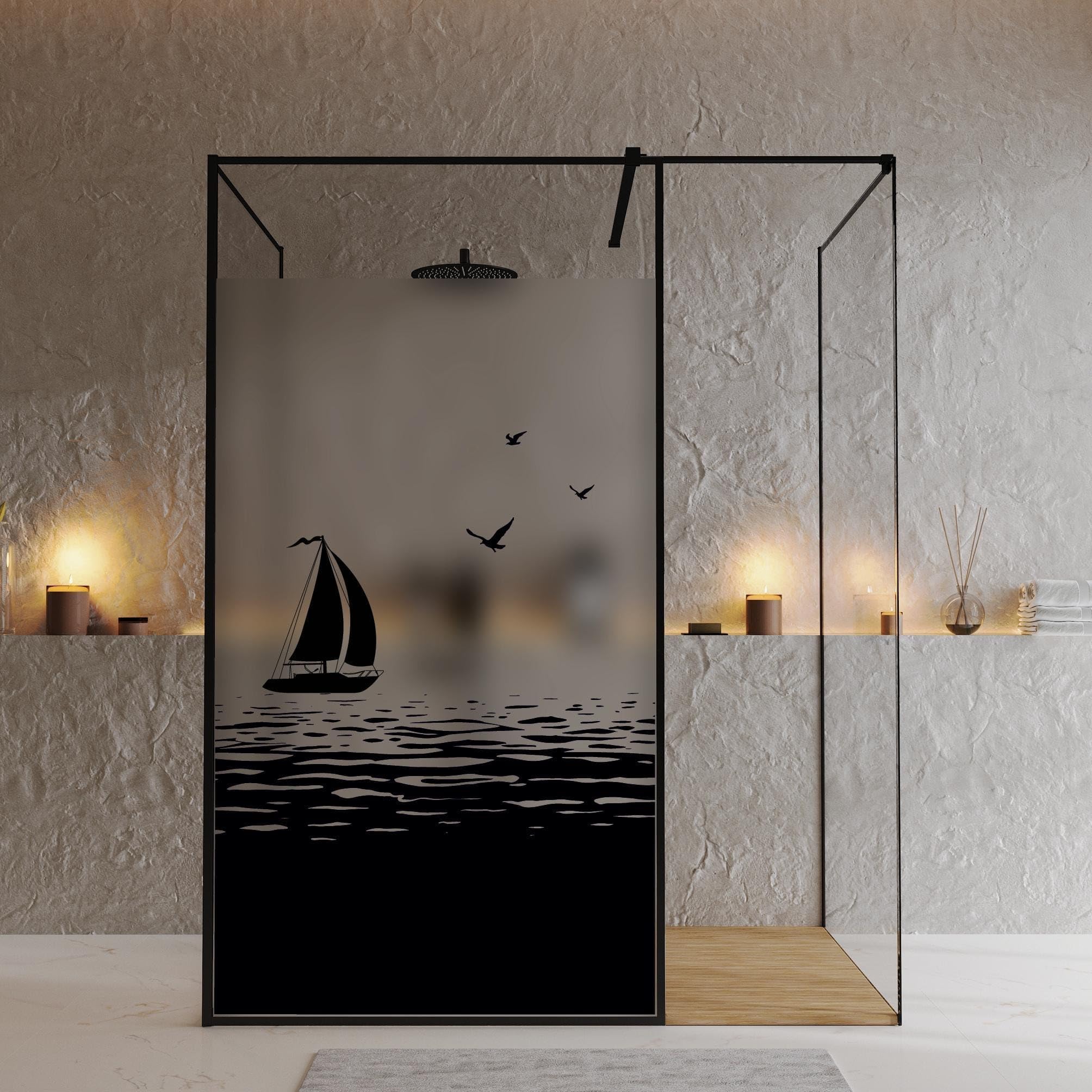 Wandtattoo Loft Sichtschutzfolie Duschkabine mit maritimem Segelboot Motiv, Wunschmaß in schwarz oder weiß, Klebefolie für Duschglastüren, Duschwand Folie Wasserfest, Klebefolie für Duschkabine