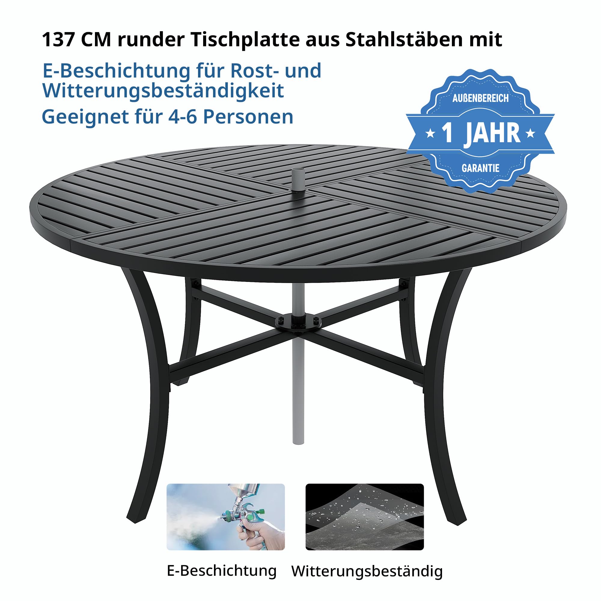 Hawthyhome Gartentisch Runder mit Zylindrischem Schirmloch,Durchmesser 137 cm,Gartentisch Wetterfest Outdoor, Esstisch für 4-6 Personen,Partytisch Balkontisch, Metallrahmen, Schwarz