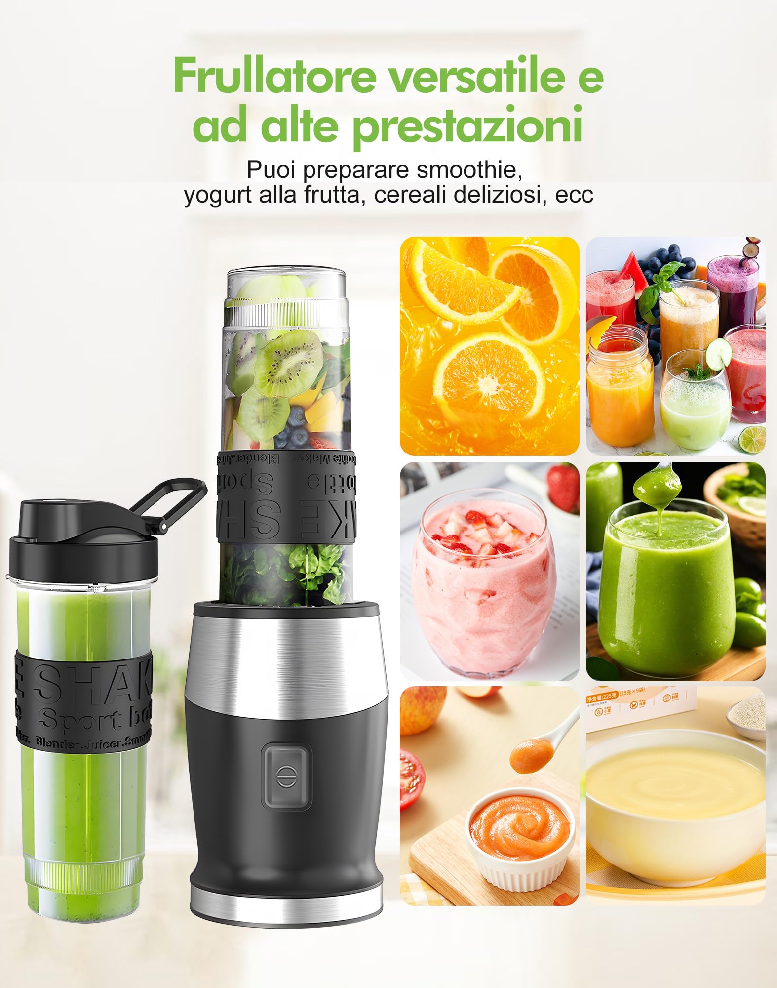 Frullatore Portatile, 500W Elettrico Frullatore Smoothie con 2 Bottiglie 570ml, Design Compatto e Facile da Pulire,Lame in Acciaio Inox, Mini Blender per Gelato, Frutta, Verdura