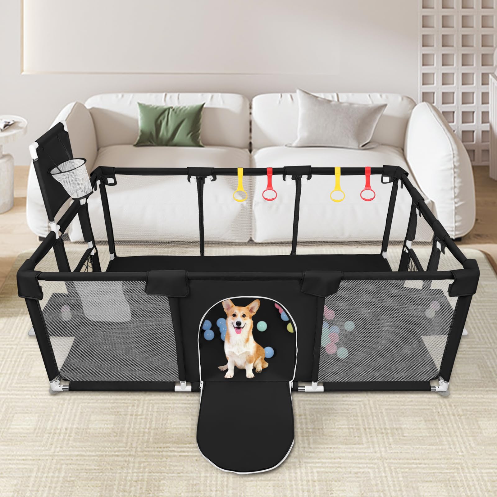 OHMG Parc Bébé,180 * 120cm,d'Activité pour Enfants avec Base,Modulable,Pliable,Grand parc pour enfant en bas âge Avec Porte Zippée,50 Balles,Basketball Rack,4 Ventouses (180 * 120 * 66cm-Noir)