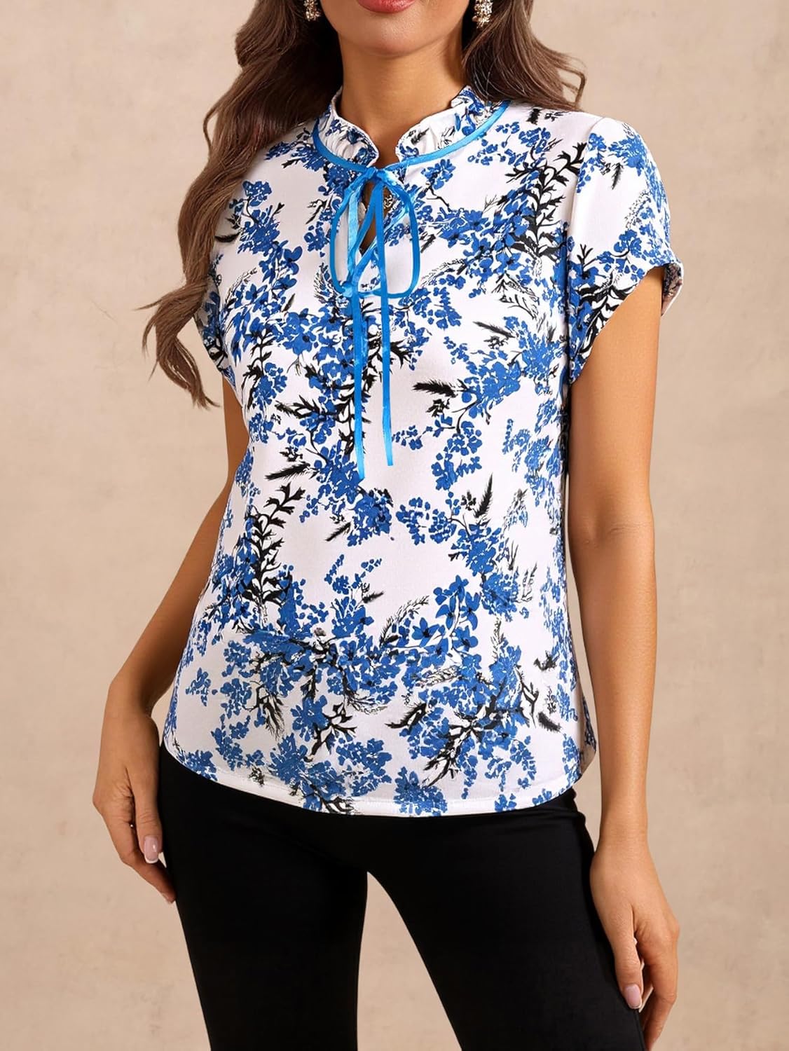 Women's Floral Blouse Tie Knot Short Sleeve Ruffle Hem Shirt Business Casual Dressy Tops - Image 4