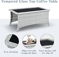 Vista 5 de Belord Mesa de centro para exteriores con parte superior de vidrio templado, mesa rectangular de mimbre gris claro, mesa de centro de ratán tejida a