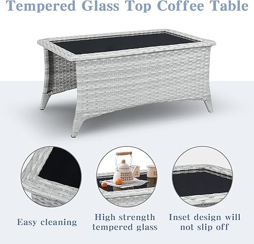 Miniatura 5 de Belord Mesa de centro para exteriores con parte superior de vidrio templado, mesa rectangular de mimbre gris claro, mesa de centro de ratán tejida a