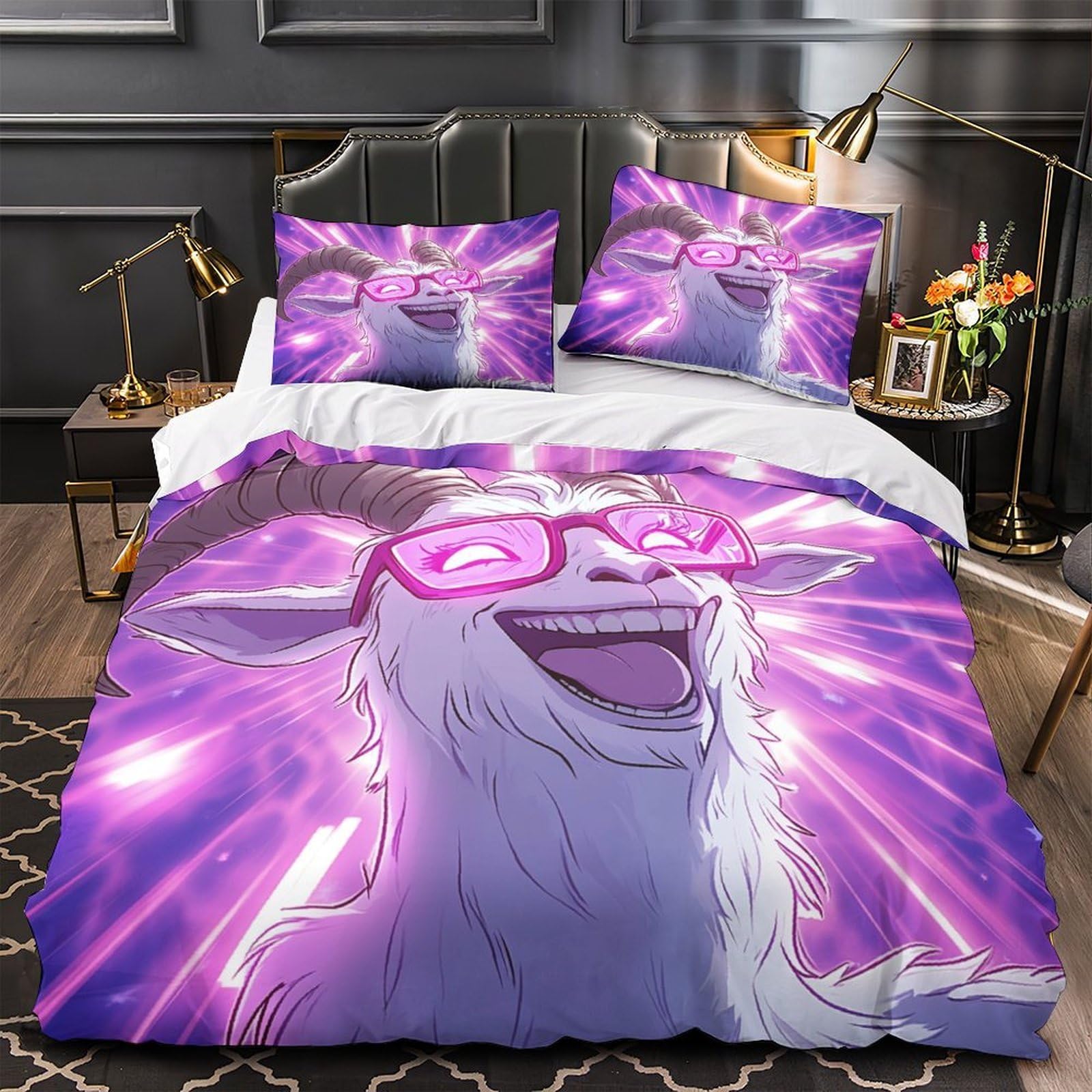 Housse de couette chèvre 3D 260x220 cm avec 2 taies en microfibre