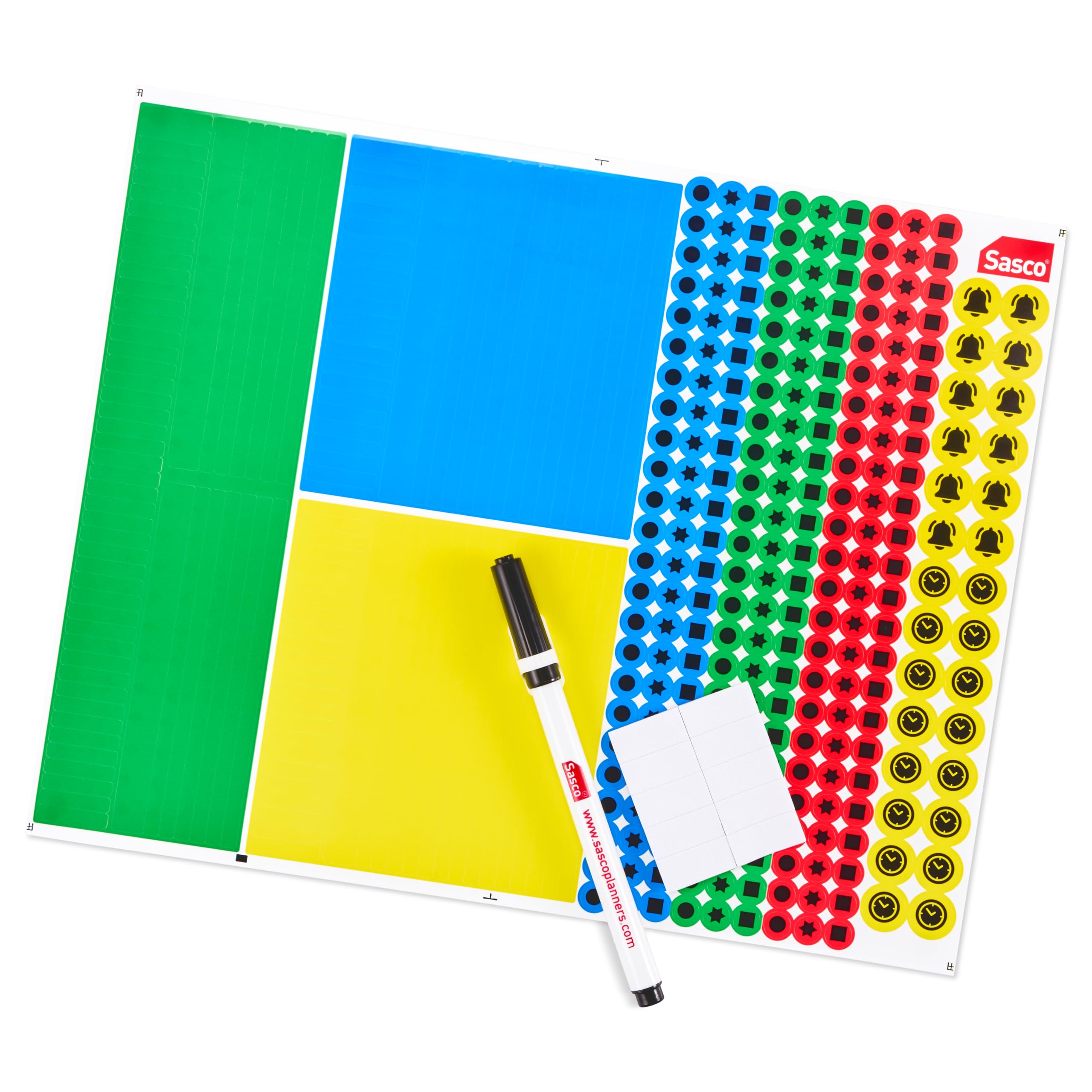SascoYear Planner Stickers & Pen Kit - Colour-Coded Stickers, Wet Wipe Marker & Holder - Accessory Set for Wall Planners & Calendars (70080)
