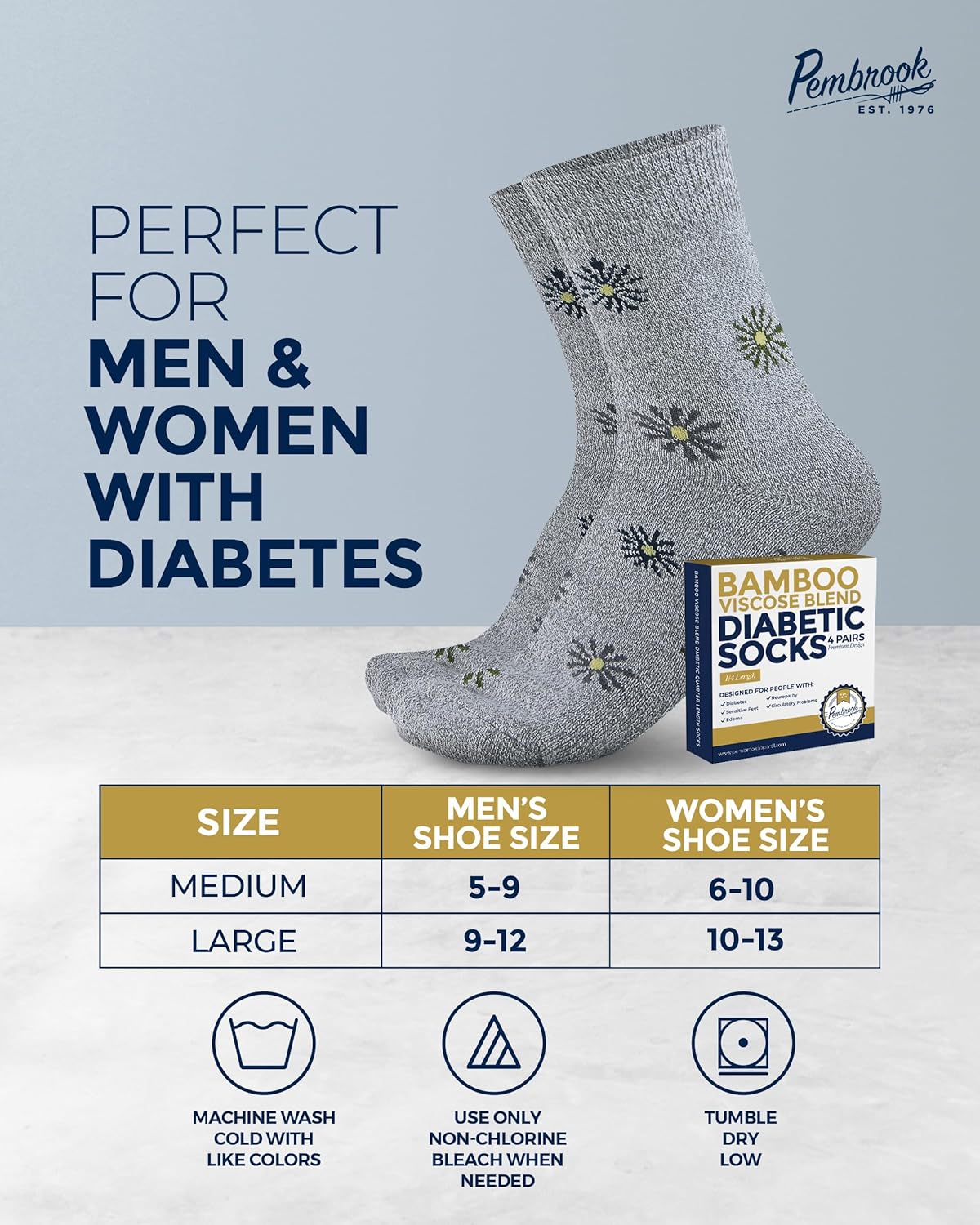 Pembrook Ankle Diabetic Socks for Women & Men - 4 Pairs Flowers (Gray, Dark Gray, Purple, Pink), Moisture-Wicking, Wide Top, Quarter Non Binding Socks - Image 6