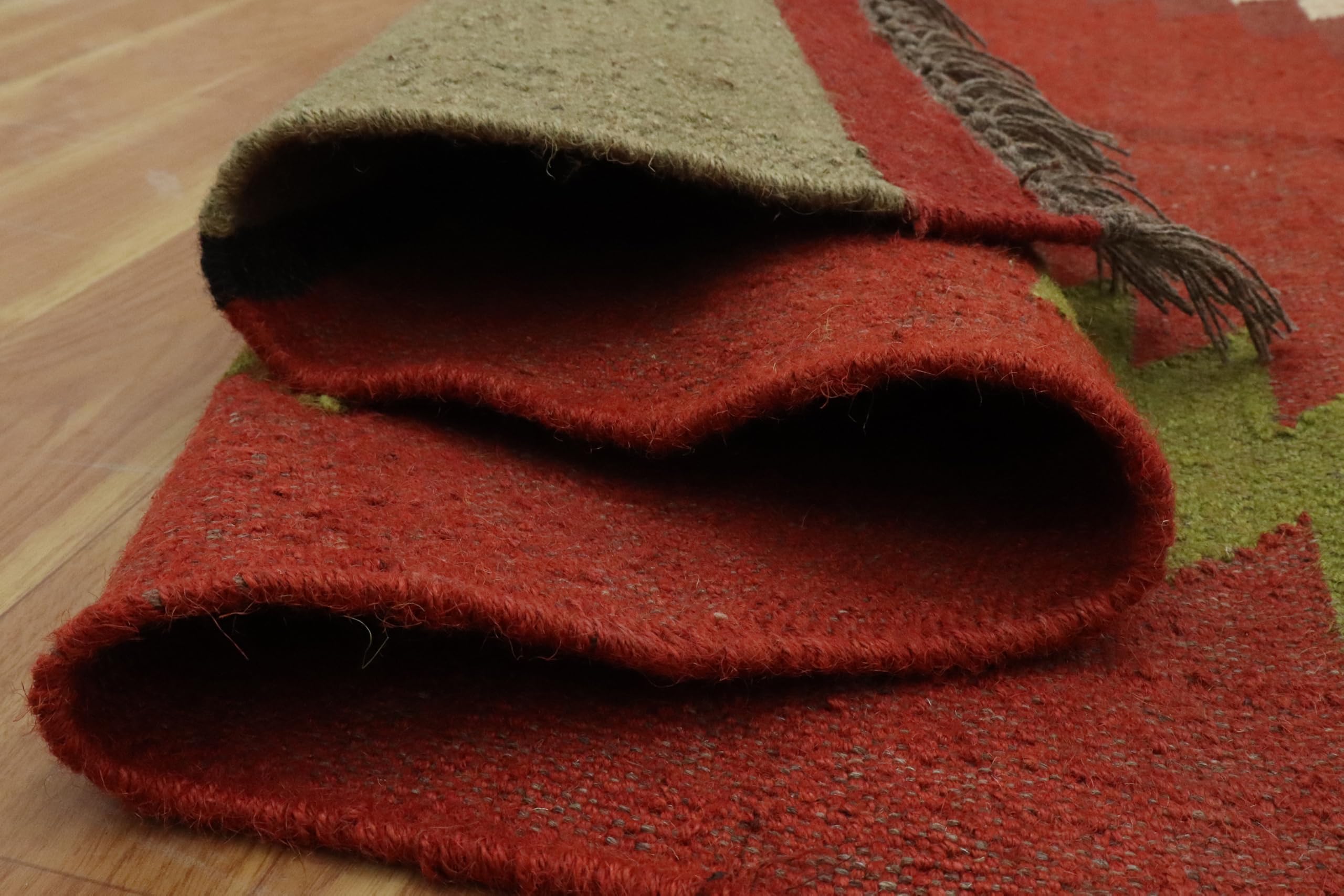 Kelim Teppich, quadratisch, 1,8 m, Rot & mehrfarbig, Wolle und geflochtener Jute-Teppich, für drinnen und draußen, Flachgewebe-Teppich, stark frequentierte Fläche, Schlafzimmer, Nachttisch,