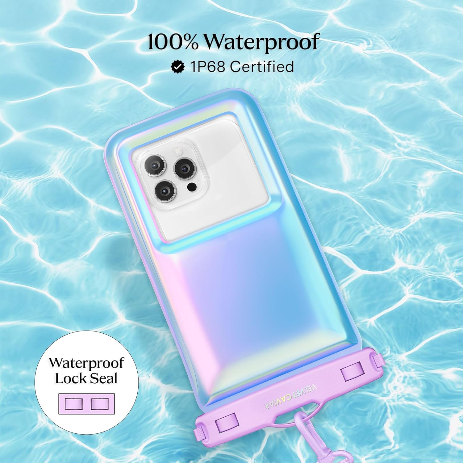 VELVET CAVIAR Waterproof Phone Pouch with Lanyard | IP68 Floating Case for iPhone & All Phones | Dry Bag for Snorkeling, Beach, Kayaking | Travel & Cruise Essentials for Women (Lavender Holo)