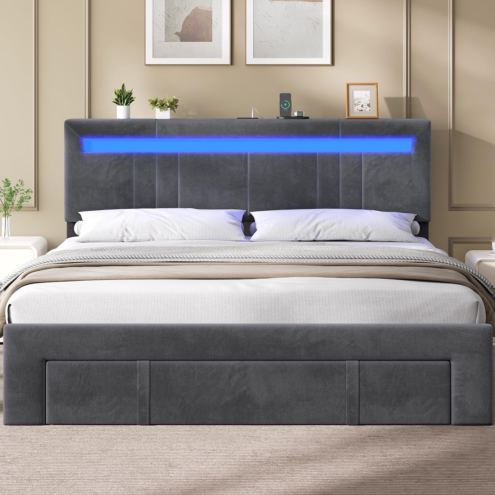 AGOLLATI Letto Matrimoniale con Contenitore 160x200 Letto Contenitore Matrimoniale Con LED Letto Contenitore Idraulico con Stazione Di Ricarica Struttura Letto Matrimoniale Con Testiera Regolabile
