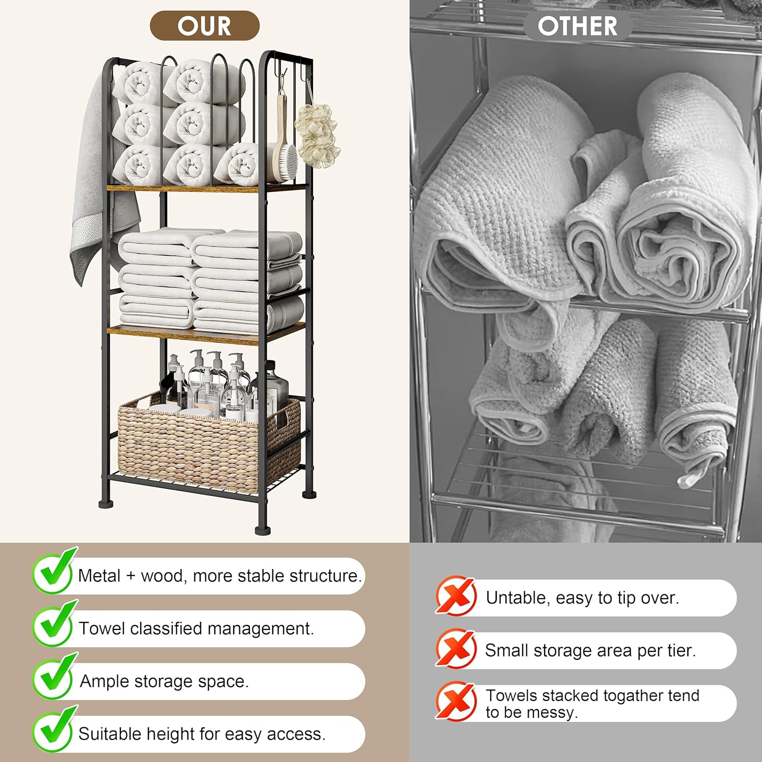 Towel Racks for Bathroom 3-Tier M-Shaped Detachable Dividers, Durable Metal Towel Holder, Pool Items Holder, Space-Saving Storage Organizer, Modern Bath Towel Shelf Free Standing Patent Pending