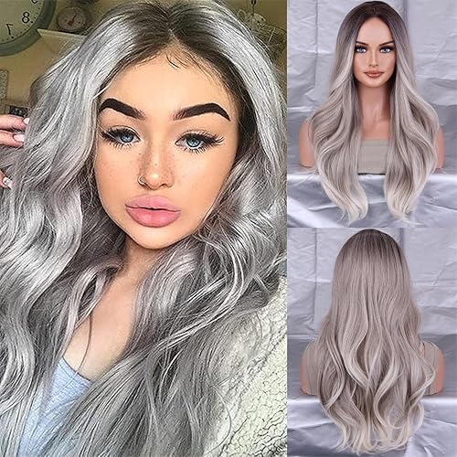 Miniatura 1 de AneShe Peluca sintética larga ondulada de 26 pulgadas con raíces oscuras, parte media, resistente al calor, para mujeres, cosplay, uso diario, fiesta