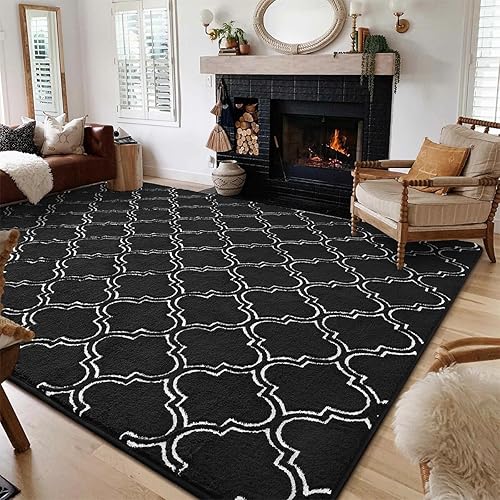 HOMORE Geometric Shag Rug for Bedroom, 5'x7' Black Shaggy Rugs for Living Room, Soft Area Rug for Kids Nursery Dorm, Memory Foam Bedside Rug Indoor Floor Carpet for Home Decor