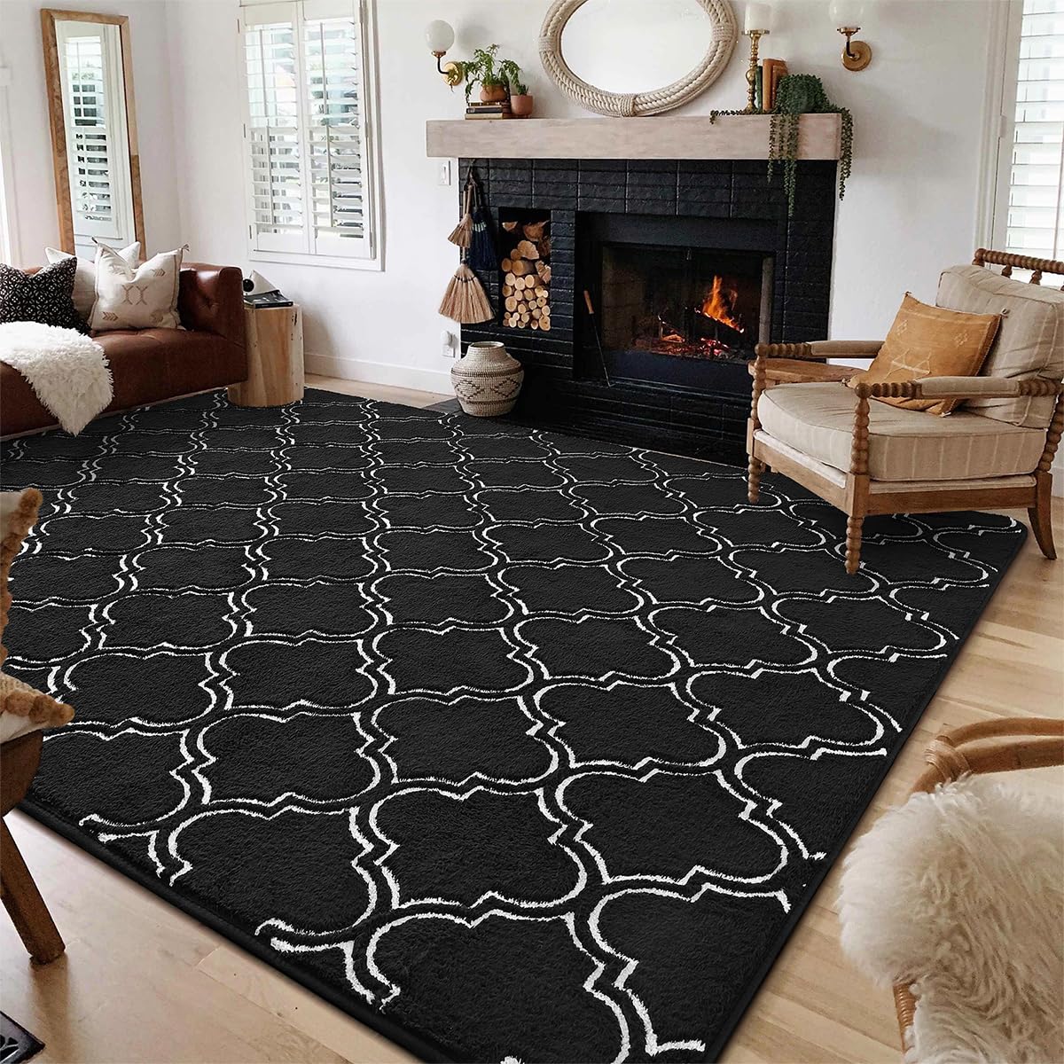 HOMORE Shag Area Rug for Living Room, 6x9 Memory Foam Rugs for Girls Bedroom, Fluffy Modern Indoor Area Rug and Carpets for Children Kids Nursery Bedside Play Room Decor,Black/White