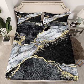 Black Marble Bedding Set Full Size,Black and Grey Marble Fitted Sheet,Men Women Teens Boys Modern Gray Gold Abstract Art Tie Dye Bed Sheets,Gothic White Gold Bling Soft Durable Marble Bed Cover