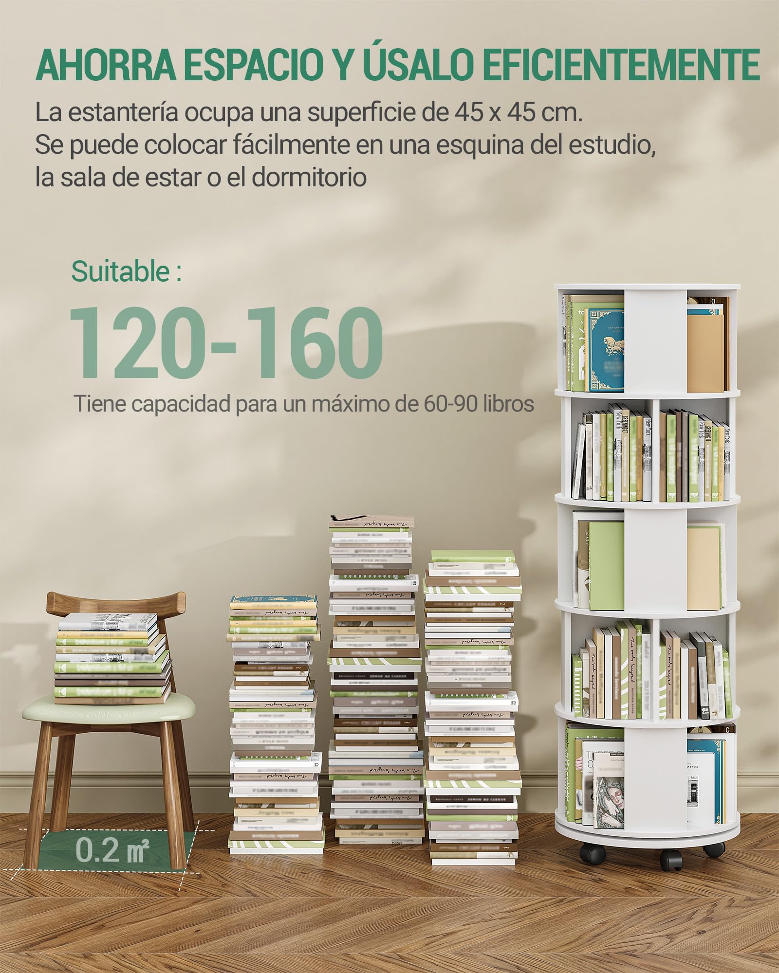 Hzuaneri Libreria Estantería Giratoria 360°, Librero Vertical de 5 Niveles, Estante para Libros con Ruedas Fijas, para Salón, Estudio y Oficina, 45 x 45 x 161,5 cm, Blanco BC54003X | Estantería de almacenamiento de 5 niveles, estantería moderna con ruedas
