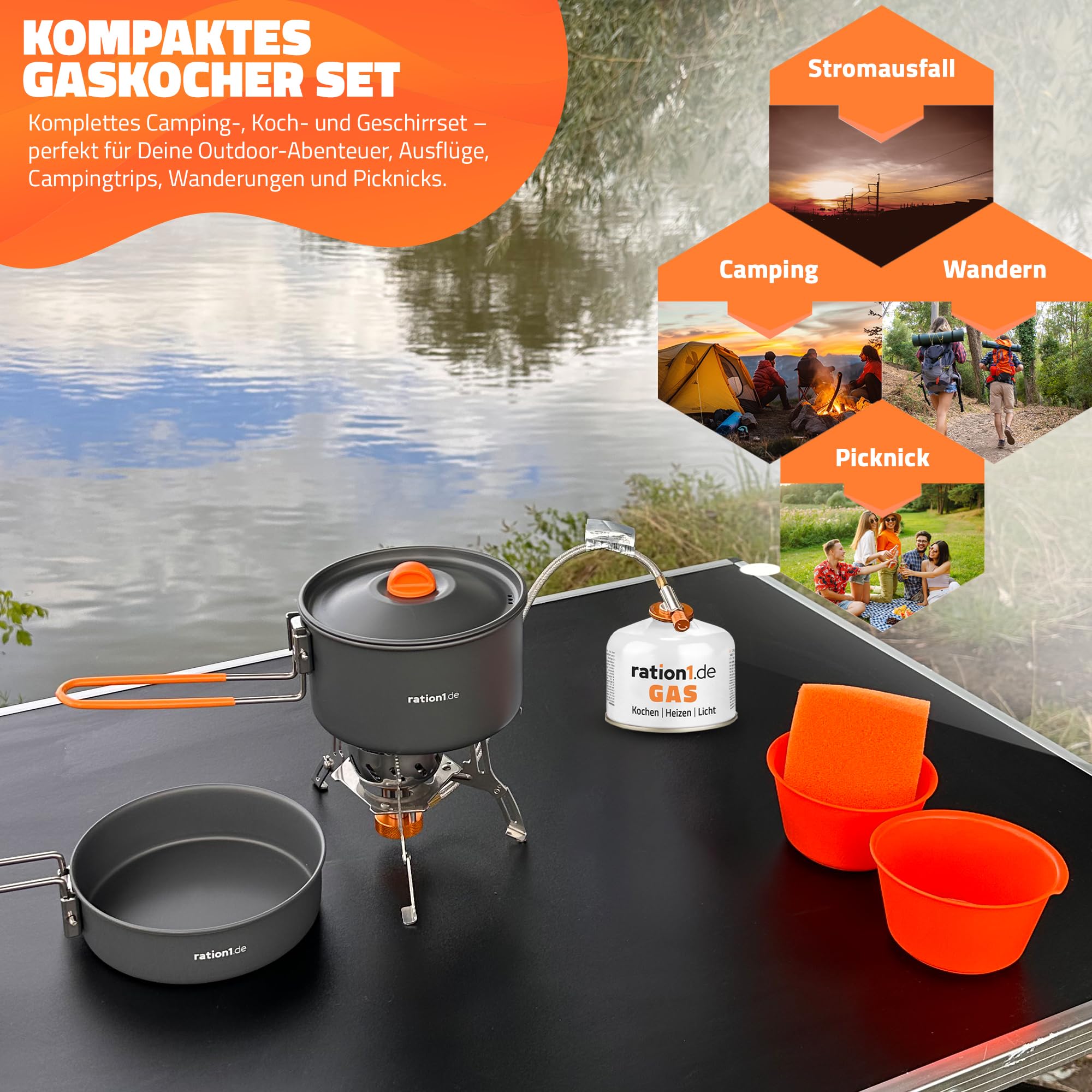 ration1 Camping Gaskocher Set - 7-teiliges Aluminium Topfset, 3 Gaskartuschen, Campingkocher, lebensmittelechte Töpfe & Schalen, Feuerzeug - Kompaktes Outdoor & Camping Kochset