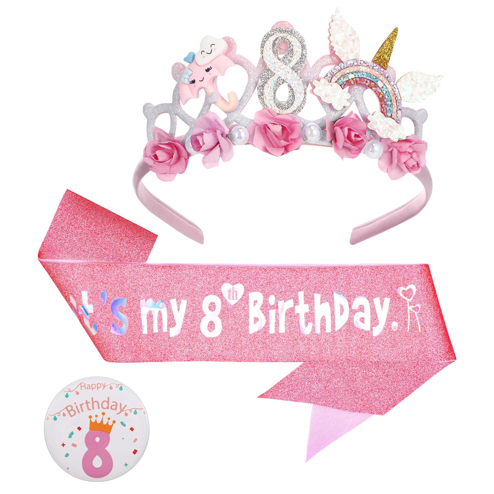 Birthday Girl Headband, 8th Floral Birthday Crown Glitter Sash and Badge Set for Birth Day Decorations Girls,Princess Crown Hats Girl Headband for Kids Princess Party Glitter Hair Band Decorations
