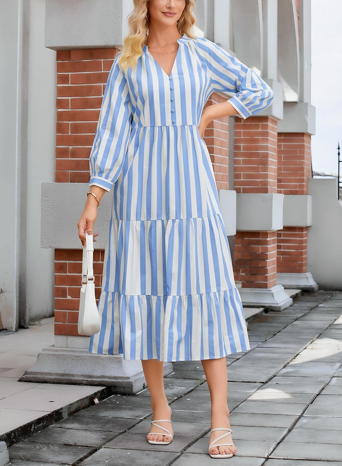 Ladyful Womens Striped Midi Dress 3/4 Sleeve Casual Flowy Tiered Long Dress V Neck Beach Sundress - Image 3