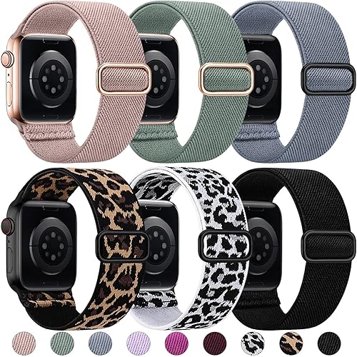 Stretchy Nylon Sport Bands Compatible with Apple Watch Band 38mm 40mm 41mm 42mm 44mm 45mm Women Men, Adjustable Braided Elastic Solo Loop Bands for iWatch SE Series 8/7/6/5/4/3/2，6 Packs E