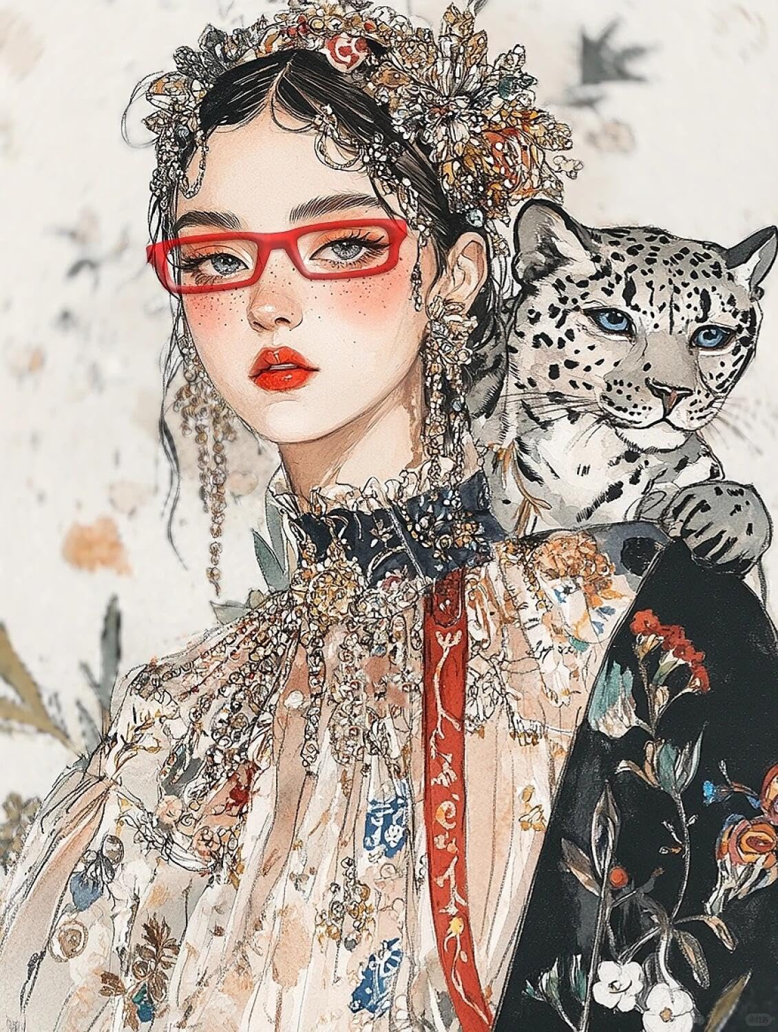 Rqwybcaxn Embroidery Beads Kit Woman and Leopard 40x50cm