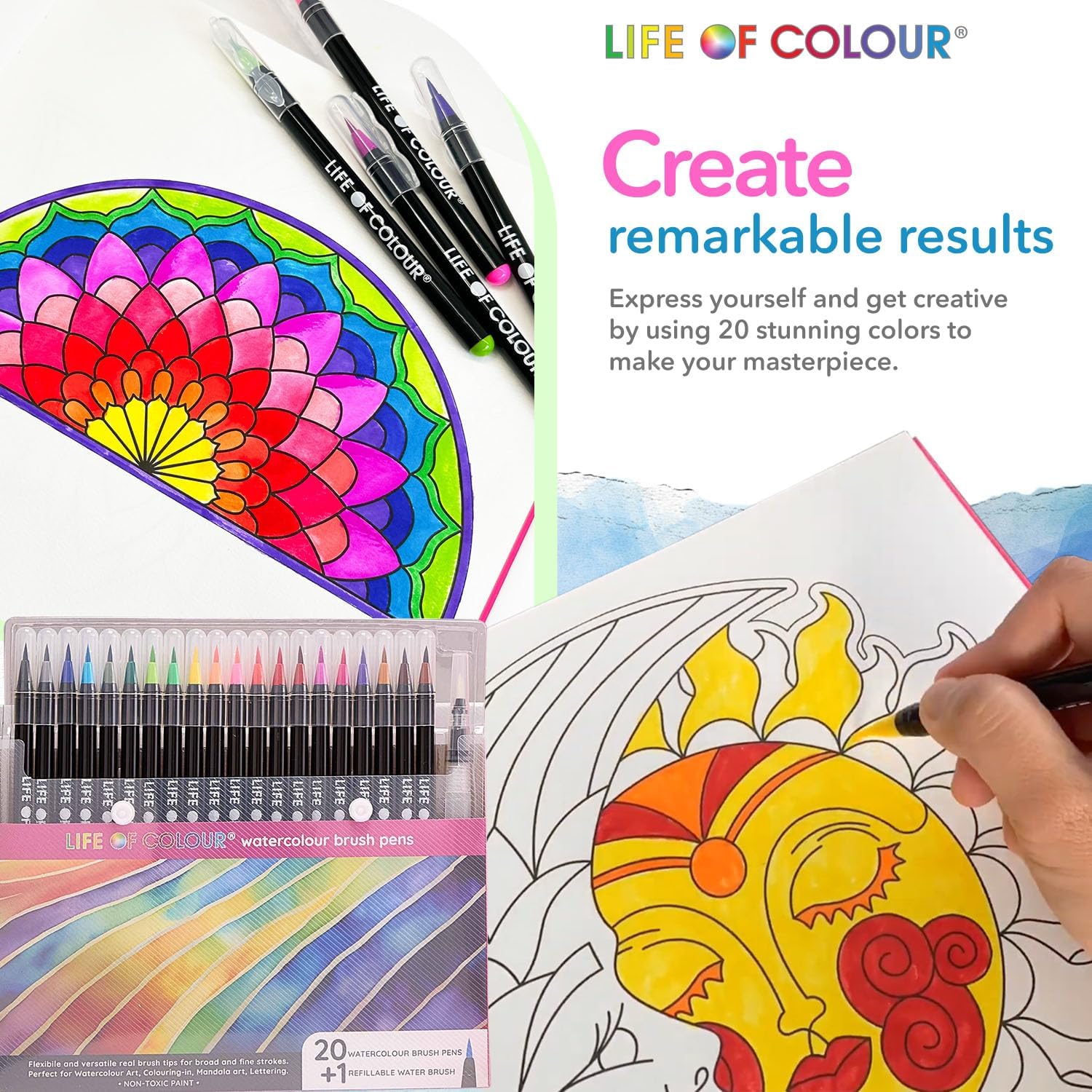 Life of Colour Watercolor Coloring Book – Volume 1, Includes 20 Watercolor Brush Pens + Refillable Water Brush — Watercolor Paint Set for Adults & Teens, Mindful Art and Watercolour Colouring Book Kit