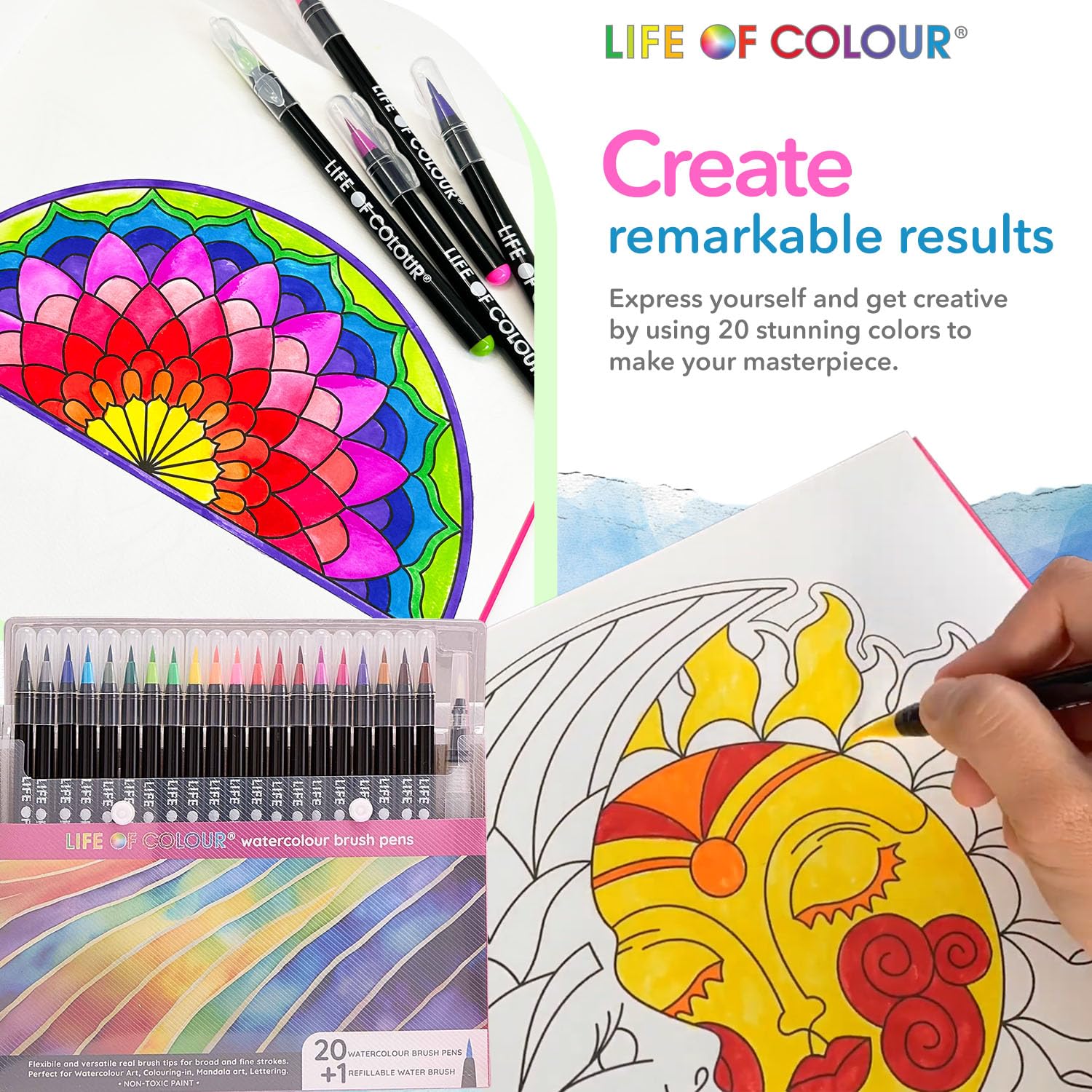 Life of Colour Aquarell-Malbuch – Band 1, inklusive 20 Aquarell-Pinselstiften + nachfüllbarem Wasserpinsel – Aquarellfarben-Set für Erwachsene und Jugendliche, achtsame Kunst und Aquarell-Malbuch-Set