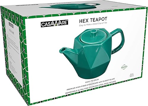 Miniatura 2 de casaWare Tetera hexagonal de gres de alta calidad de 24 onzas con un esmalte brillante, infusor de acero inoxidable de malla ultrafina extraíble