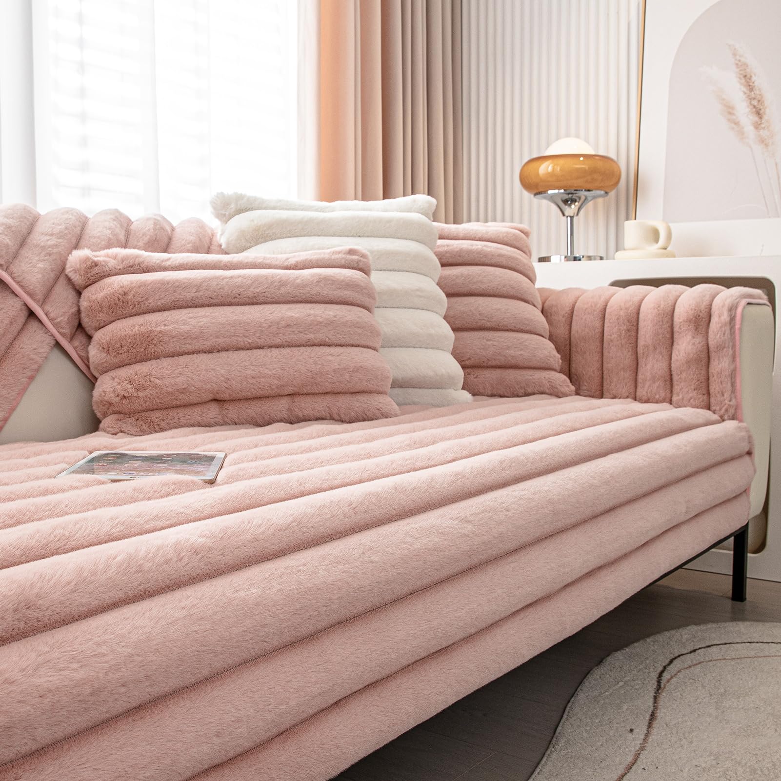 GYHH Thick Rabbit Plush Striped Sofa Cover, NonSlip Sofa Cushion Covers Furniture Protector for I Shape Corner L Shape 1 2 3 4 Seater Recliner Fluffy Couch Covers