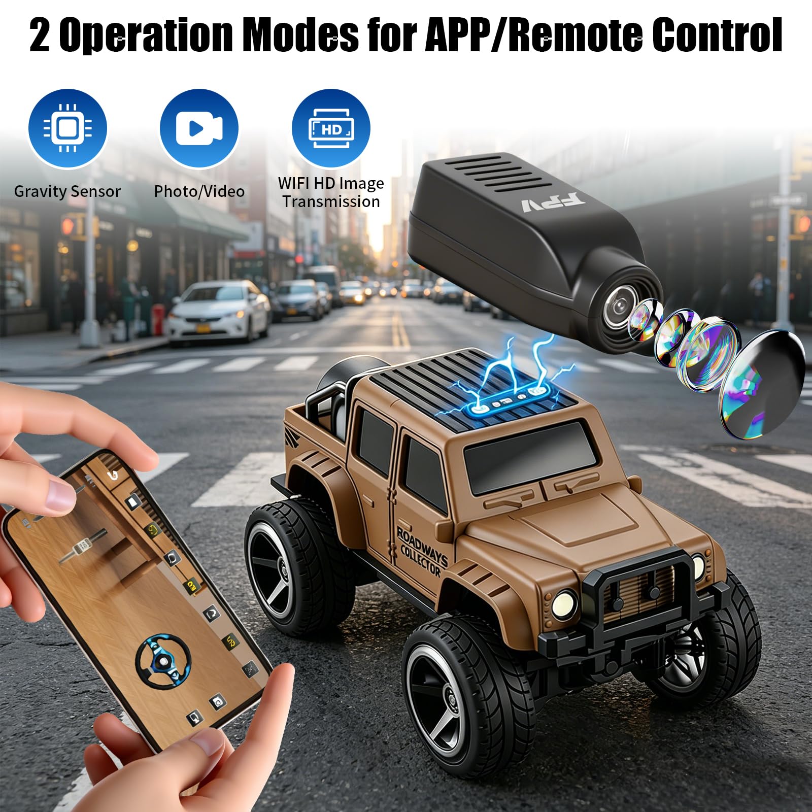 Coche Teledirigido con HD Cámara,2,4 GHz RC Truck, Control de Aplicación | Transmisión WiFi de Fotos, 2 Modos de Velocidad, Cámara Extraíble, Cuerpo de Aleación, para Niños y Adultos