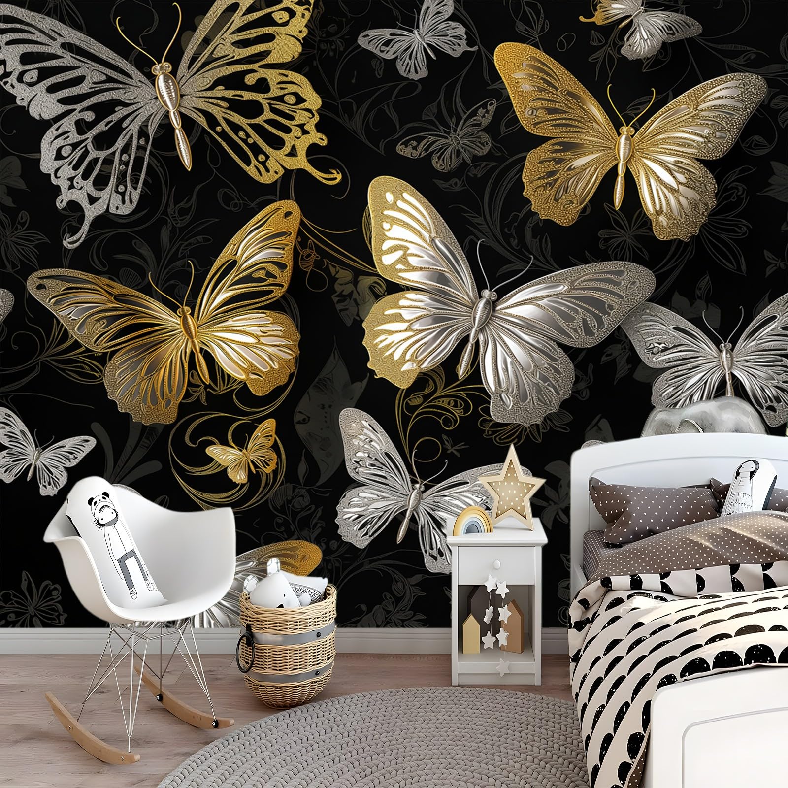 Carta da parati Carta da parati fotografica Decorazione Farfalla D'oro E D'argento TNT Premium Stampa artistica Poster Design Moderno 300 x 210 cm Fotomurale per Soggiorno Camera da letto