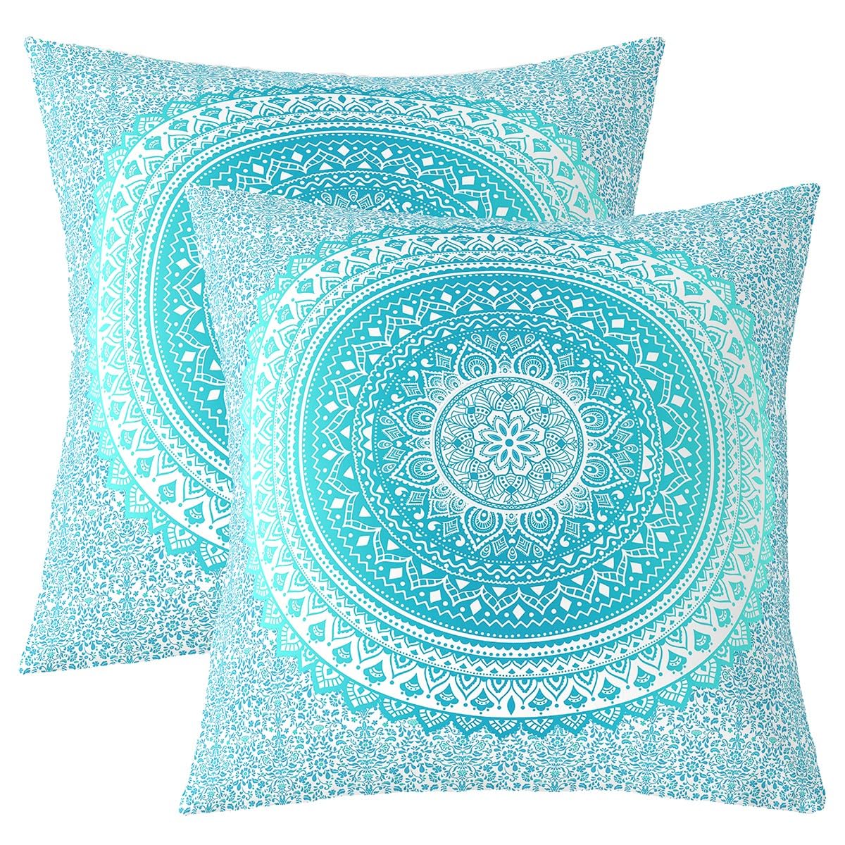 Richhome Girls Teal Boho Mandala Throw Pillow Covers Watercolor Gradient Exotic Flowers Cushion Covers For Kids Teens Adults Women Blooming Plants Bohemian Style Pillow Cases For Sofa 24X24 Inch Set Of 2