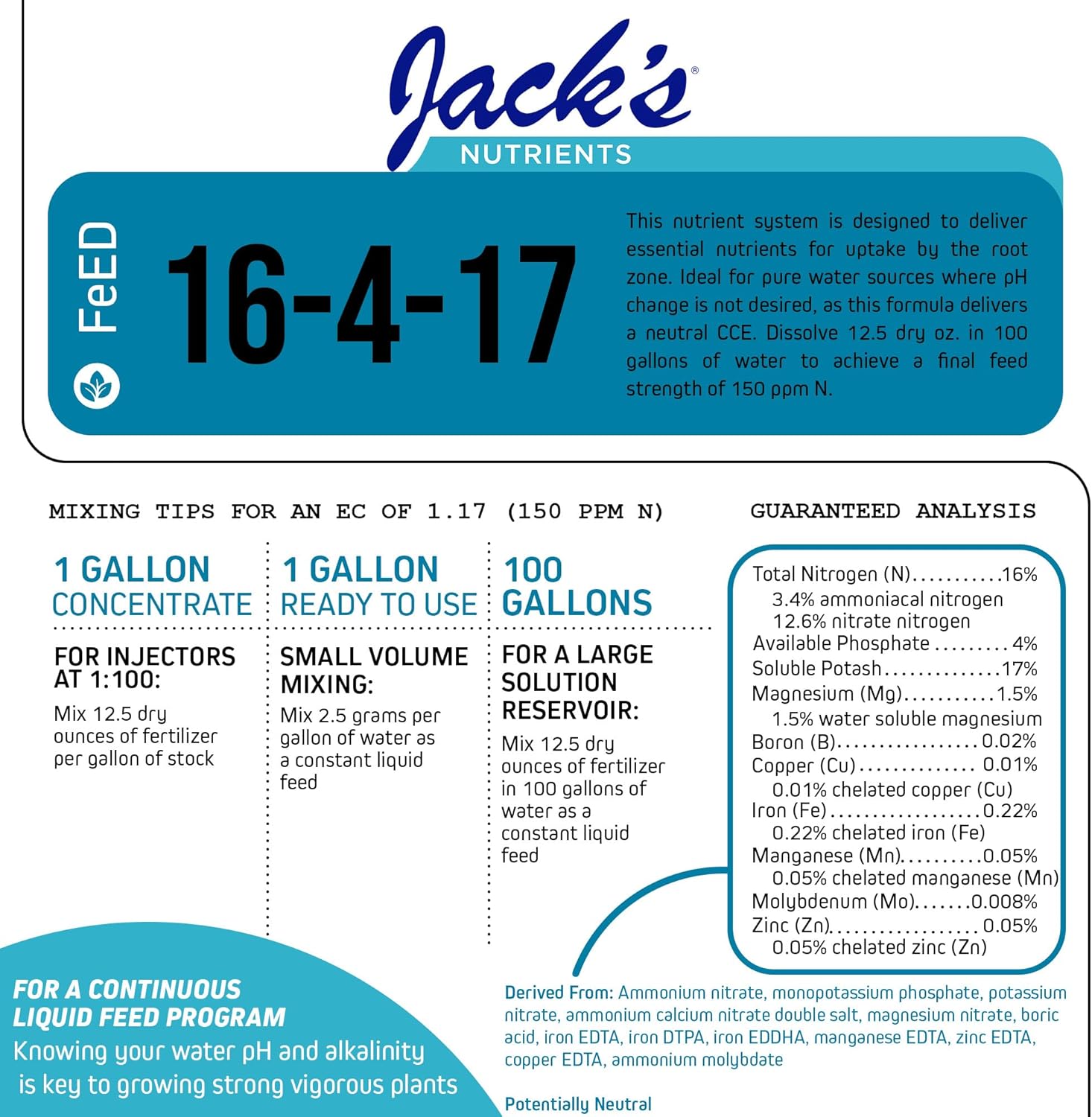 Jack's Nutrients 16-4-17 Hydroponic Fertilizer for Vegetative Growth in Continuous Liquid Feed Programs, 25lbs
