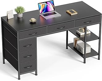 Huuger Computer Desk with 6 Drawers, 47 Inch Office Desk with Shelves, Reversible Gaming Desk, Corner Desk with Storage, Work Desk for Home Office, Study, Living Room, Black