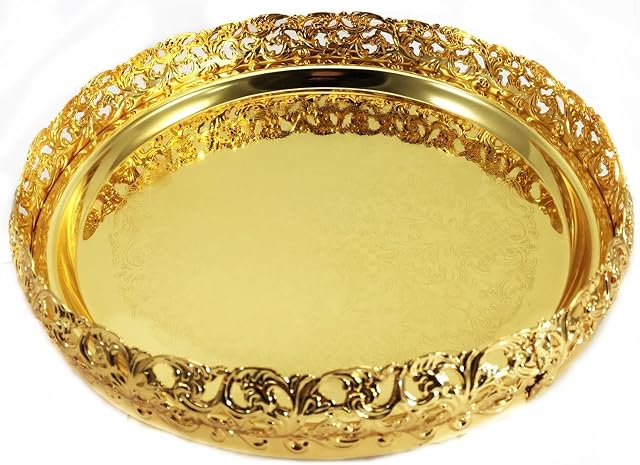 CONCEPT4U® Luxury Gold Plated Decorative Tray Wedding Table Centre Piece Tea Light Candle Holder Plate Christmas Festive Home Party Decoration 23cm